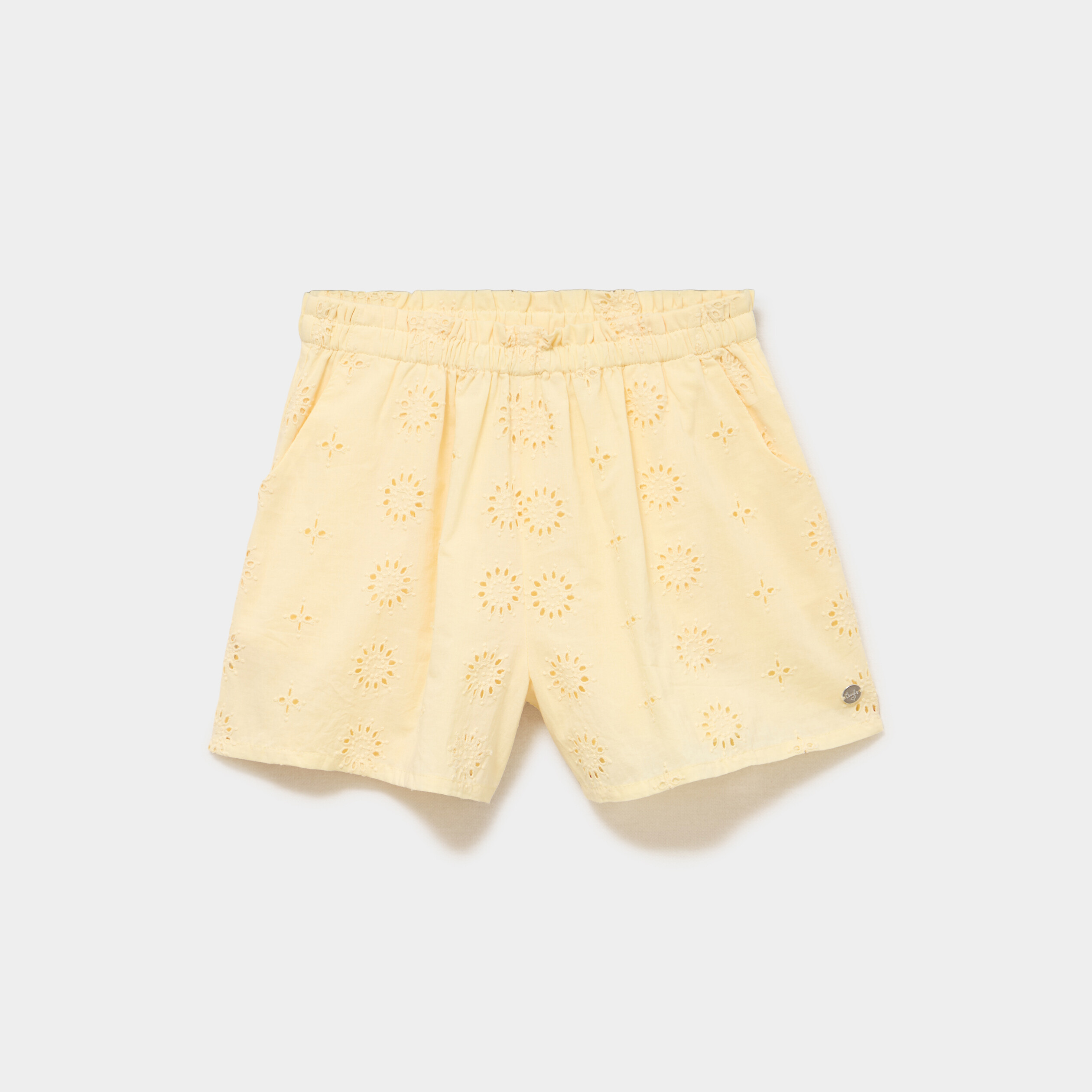 Short &eacute;lastiqu&eacute; broderie anglaise coton jaune clair fille