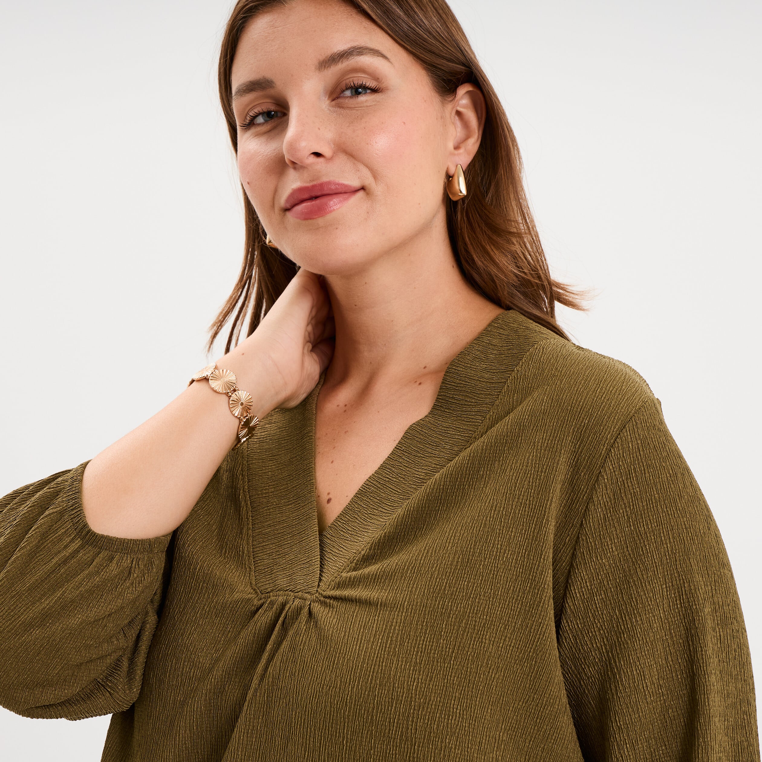 Blouse oversize manches 3/4 et col en V beige femme grande taille