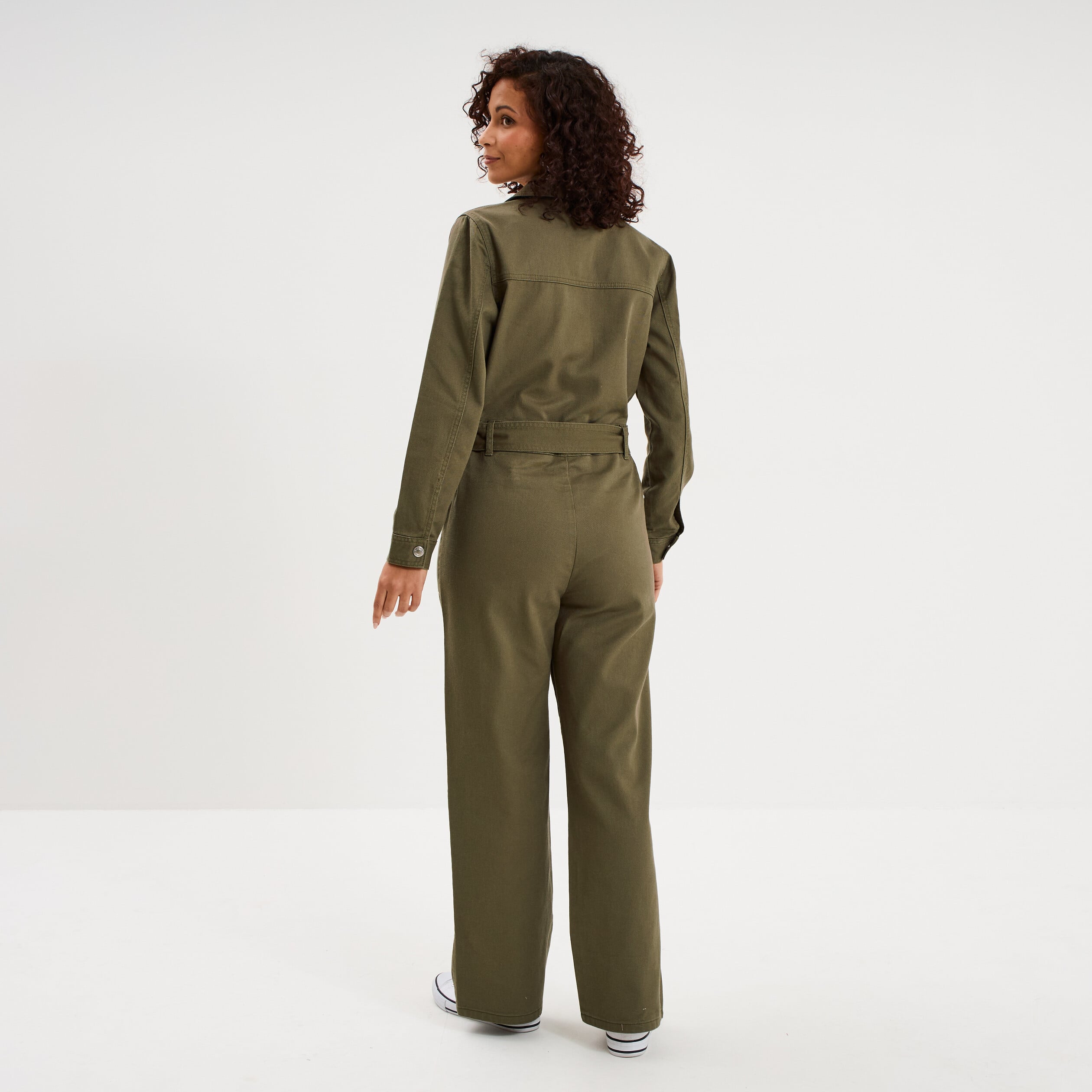 Combinaison pantalon ceintur&eacute;e coton vert kaki femme
