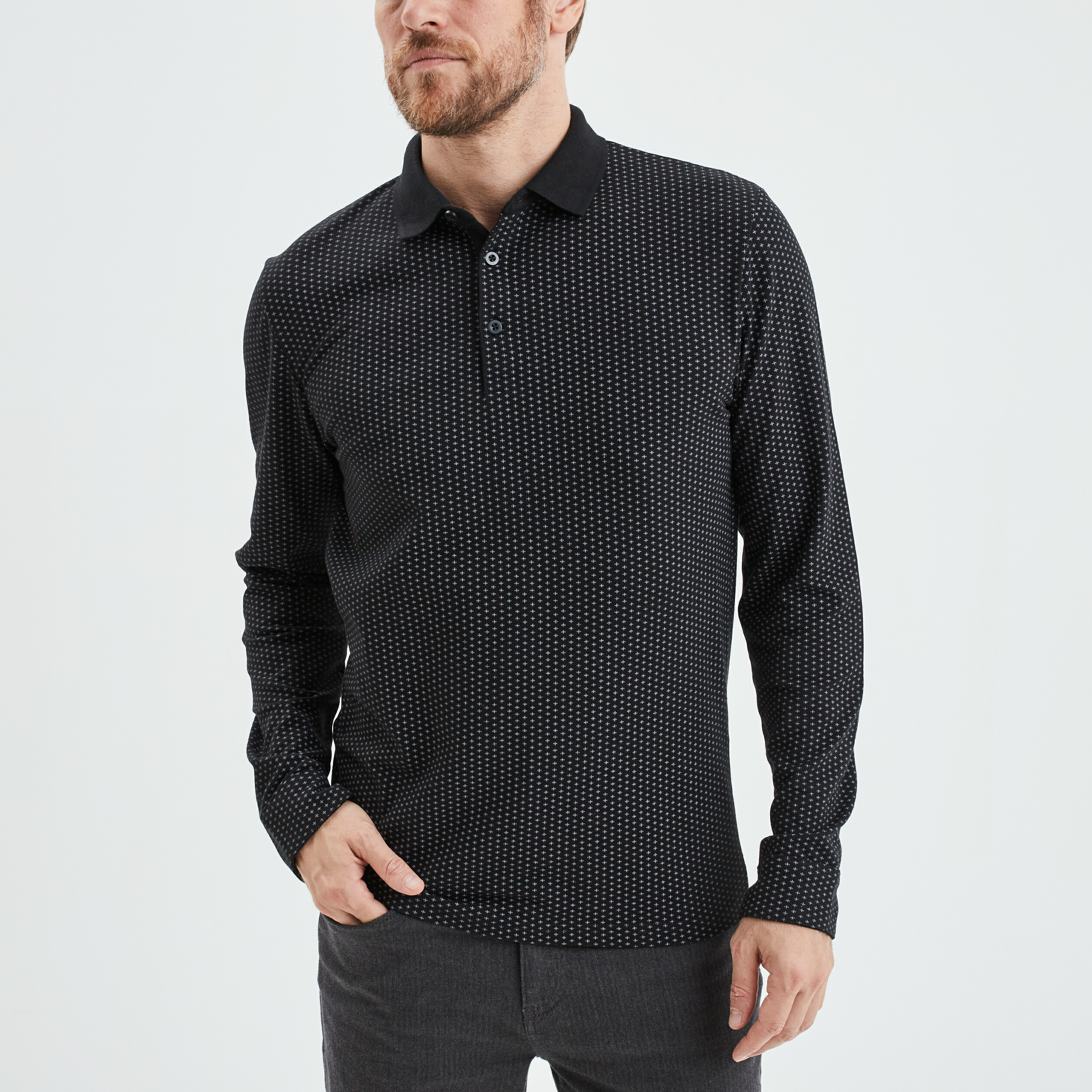 Polo manches longues encolure boutonnée noir homme