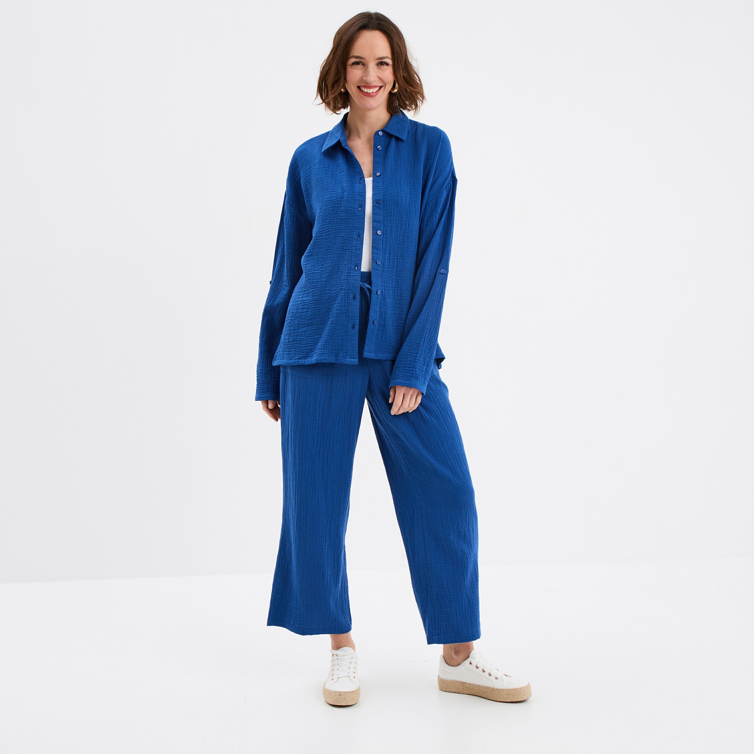 pantalon fluide elastique gaze de coton bleu marine femme Pantalon fluide élastiqué gaze de coton bleu marine femme