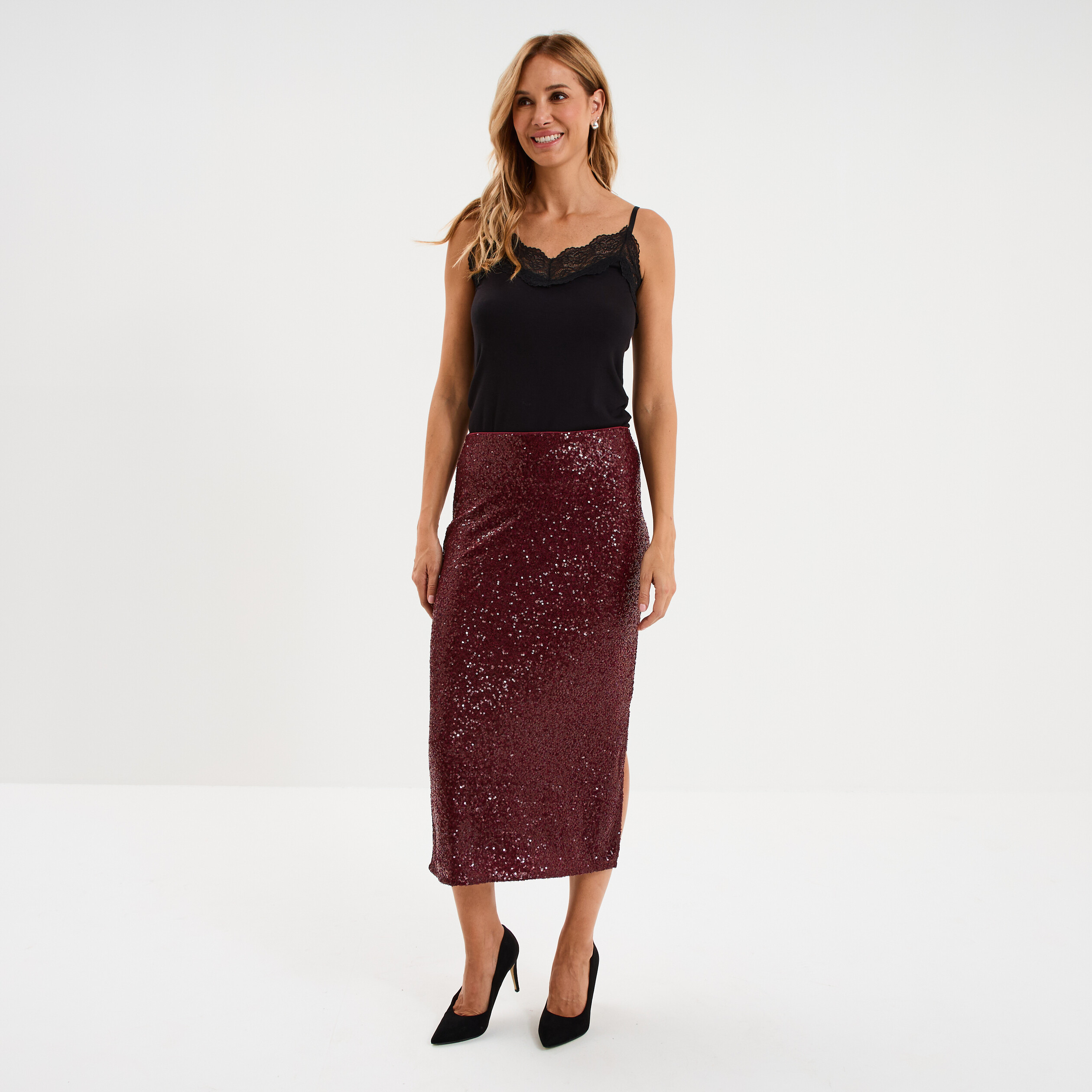Jupe longue &agrave; sequins rouge fonc&eacute; femme
