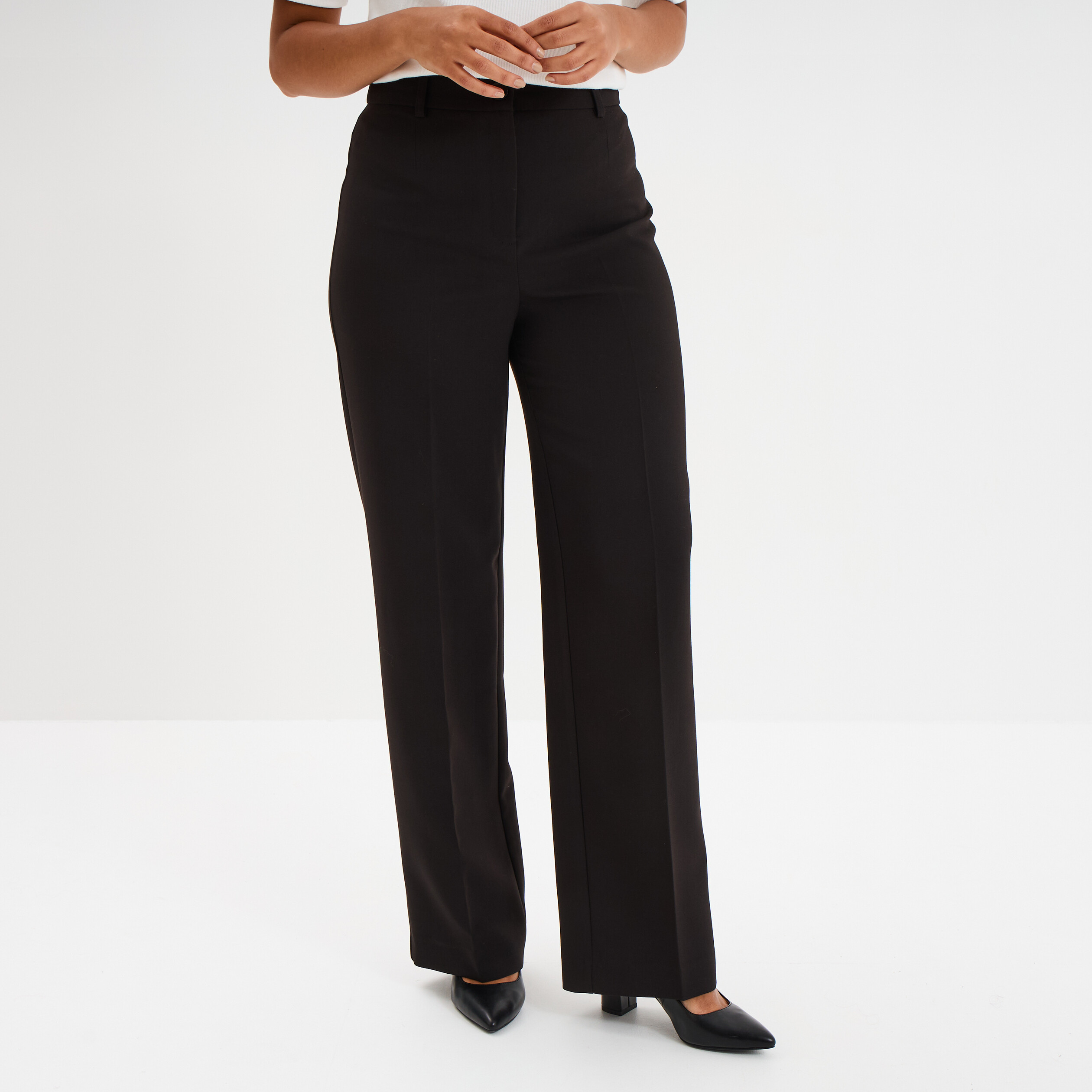 Pantalon taille haute droit avec pinces noir femme