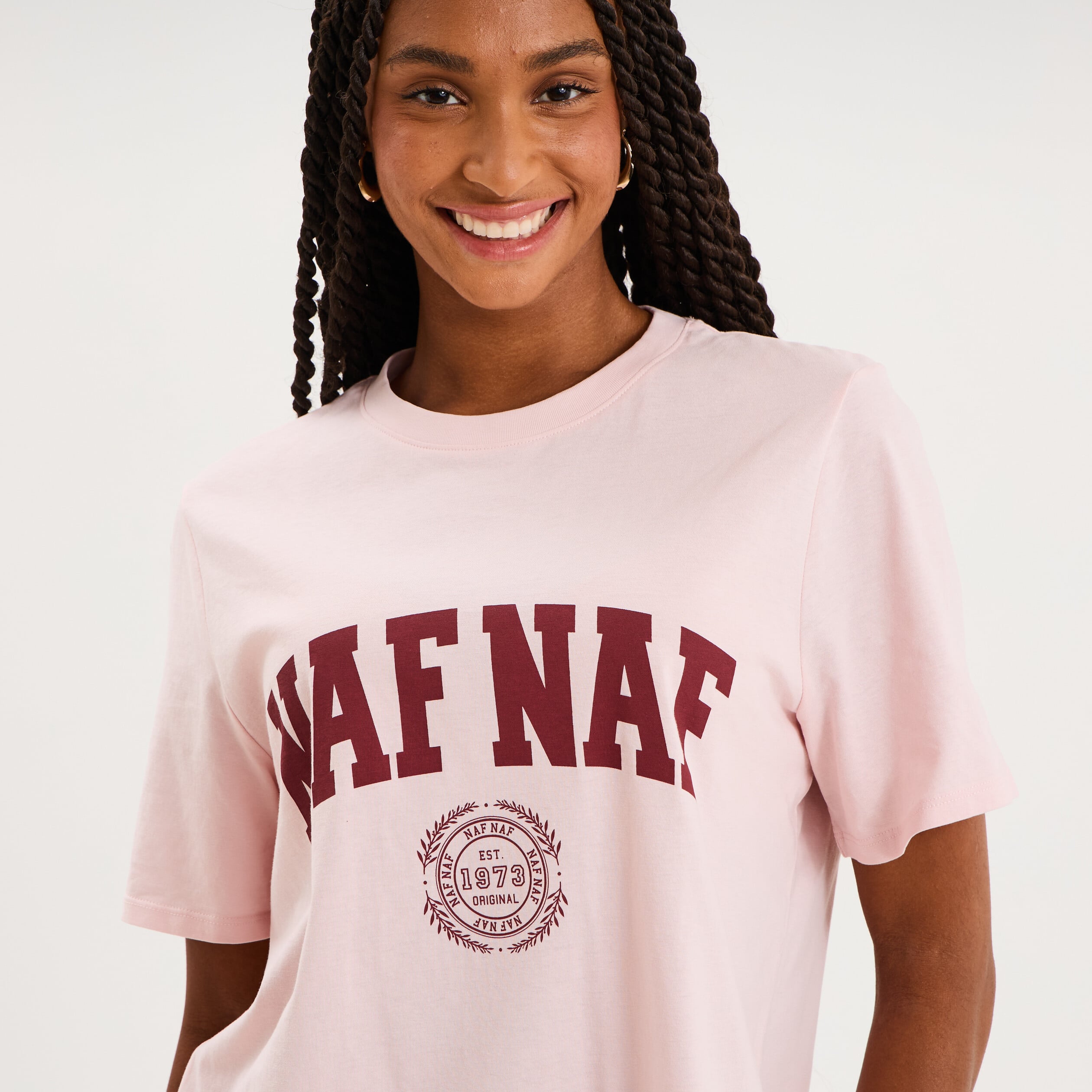 T-shirt col rond manches courtes print rose pastel femme