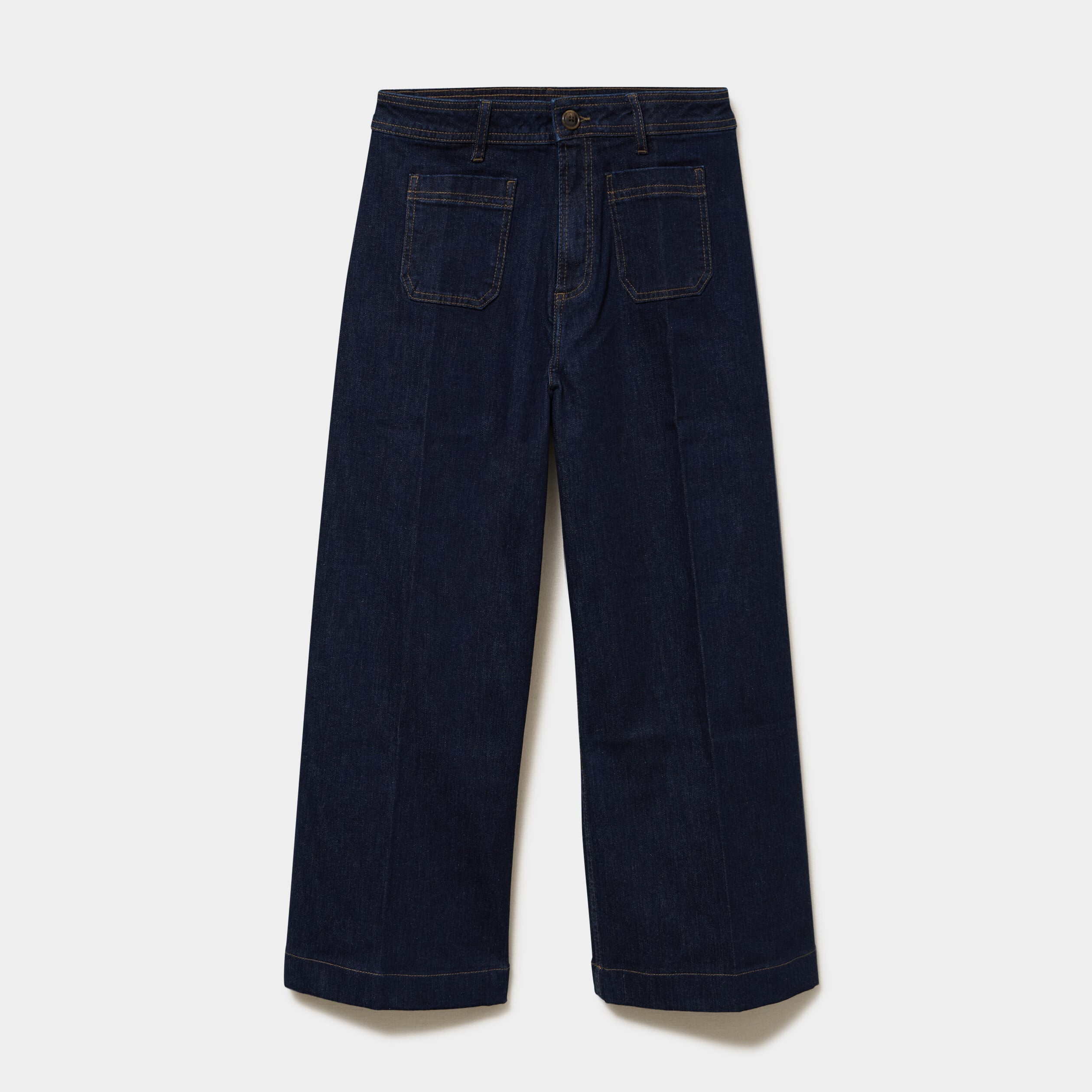 Jean large cropped poches plaqu&eacute;es denim brut femme
