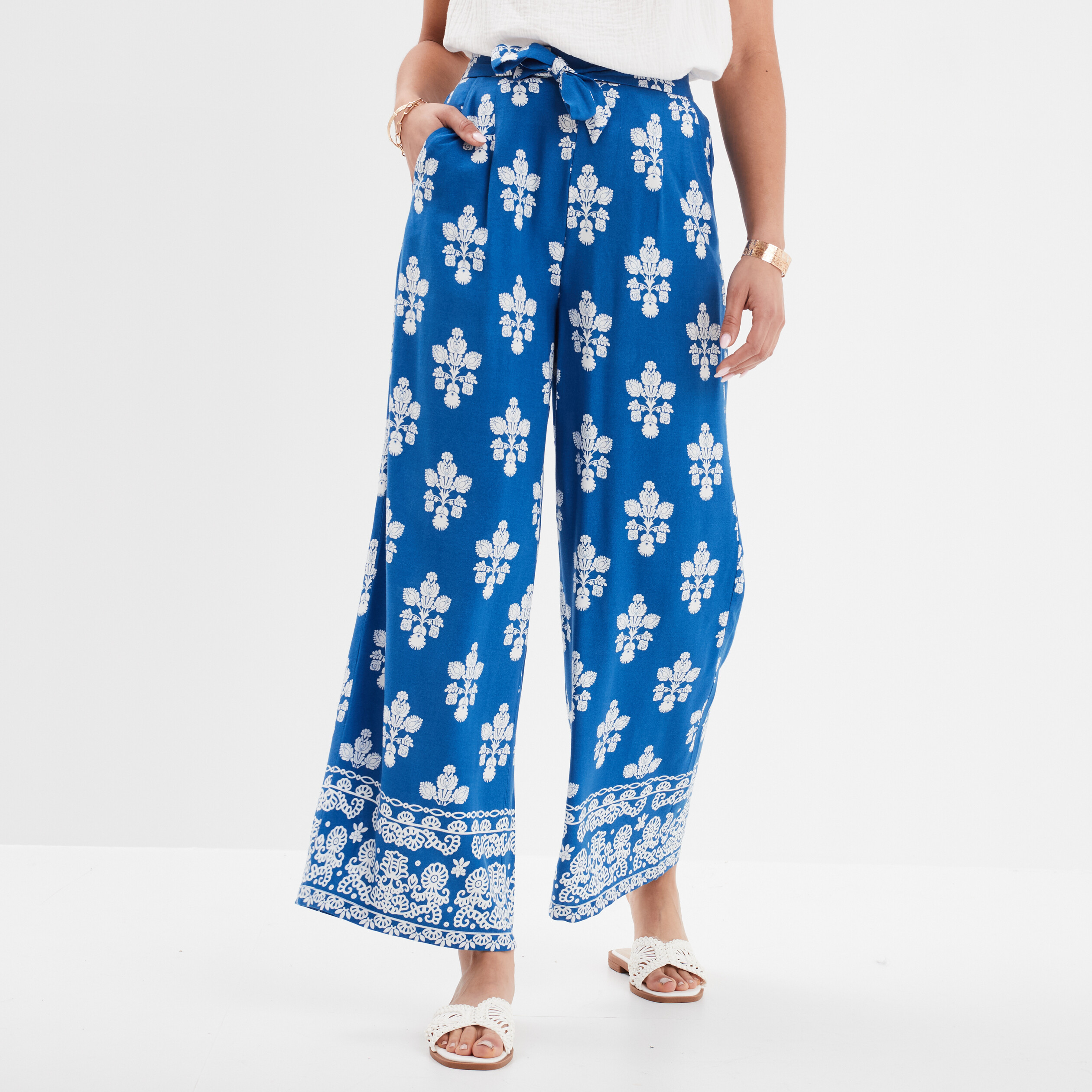 pantalon large fluide noeud taille bleu electrique femme Pantalon large fluide noeud taille bleu electrique femme