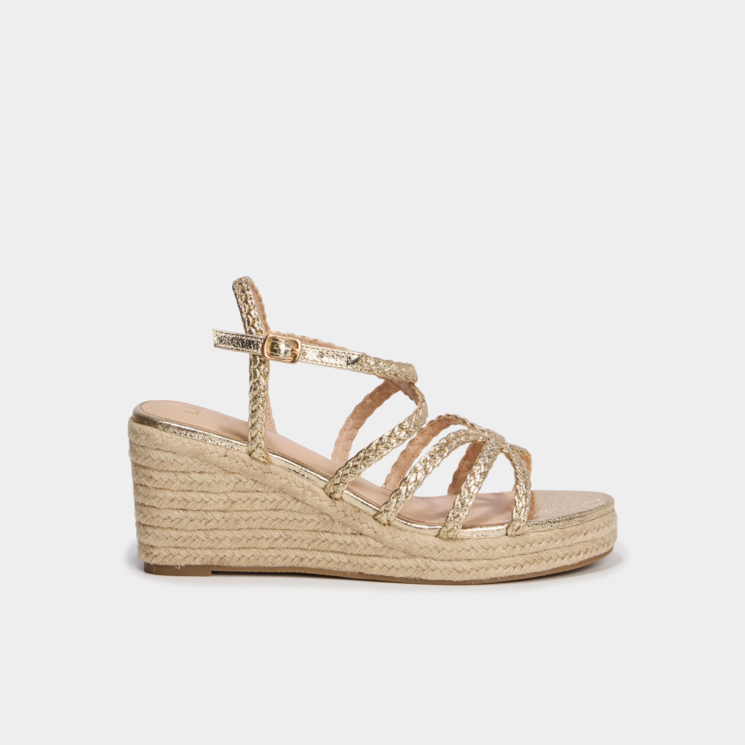 Sandales compens&eacute;es brides tress&eacute;es jaune or femme