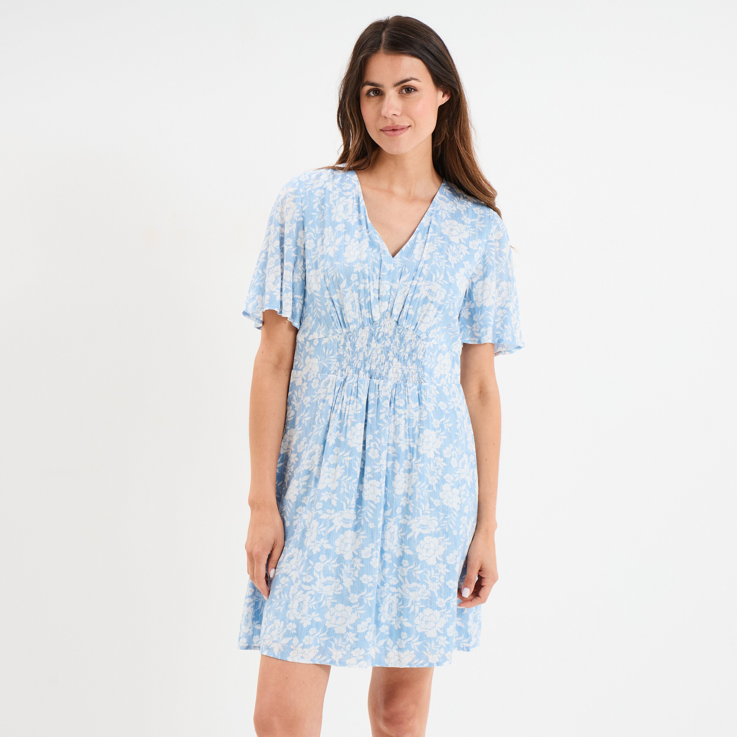 robe col en v taille smockee creeks bleu ciel femme Robe col en V taille smockée Creeks bleu ciel femme