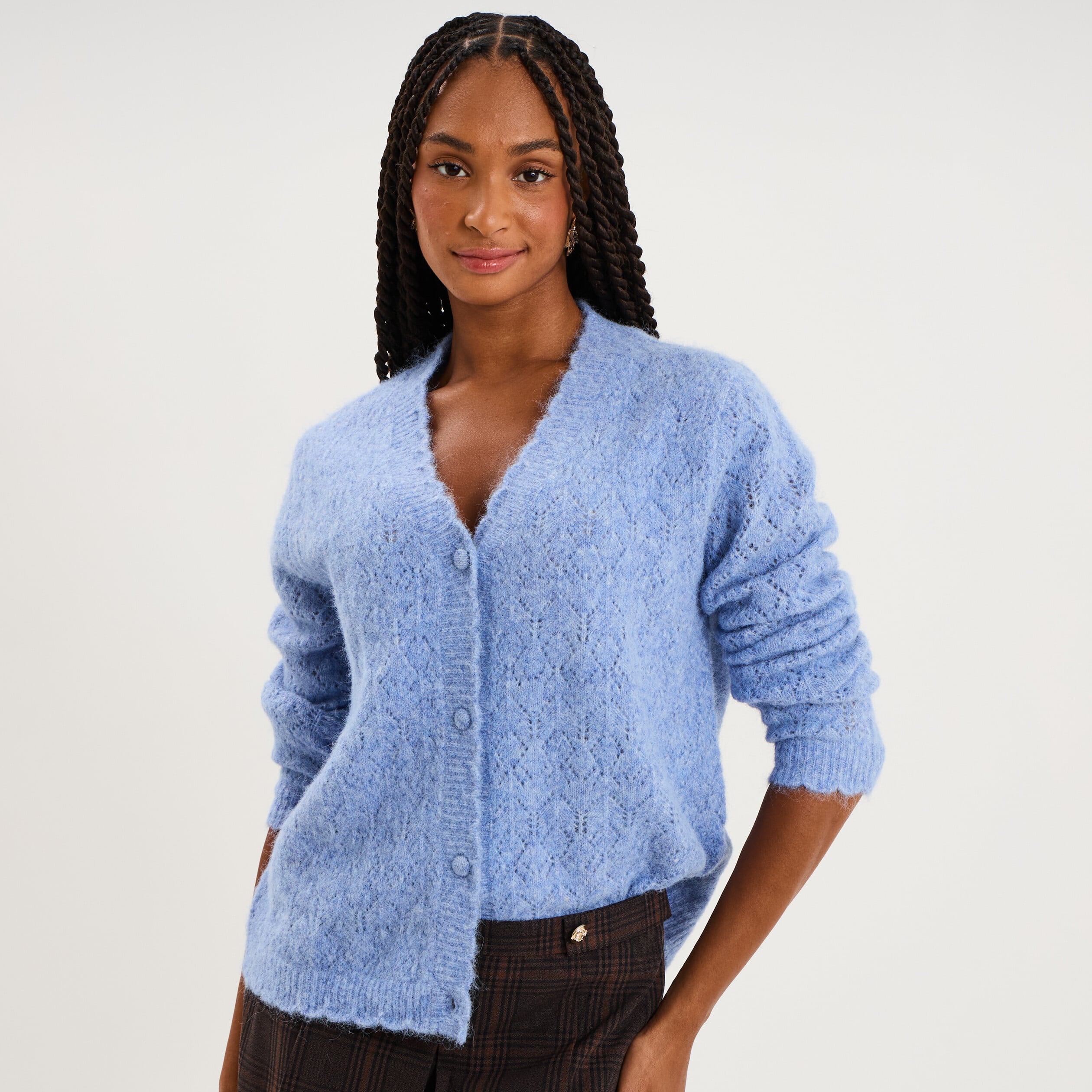 Gilet cardigan ajour&eacute; manches longues bleu ciel femme