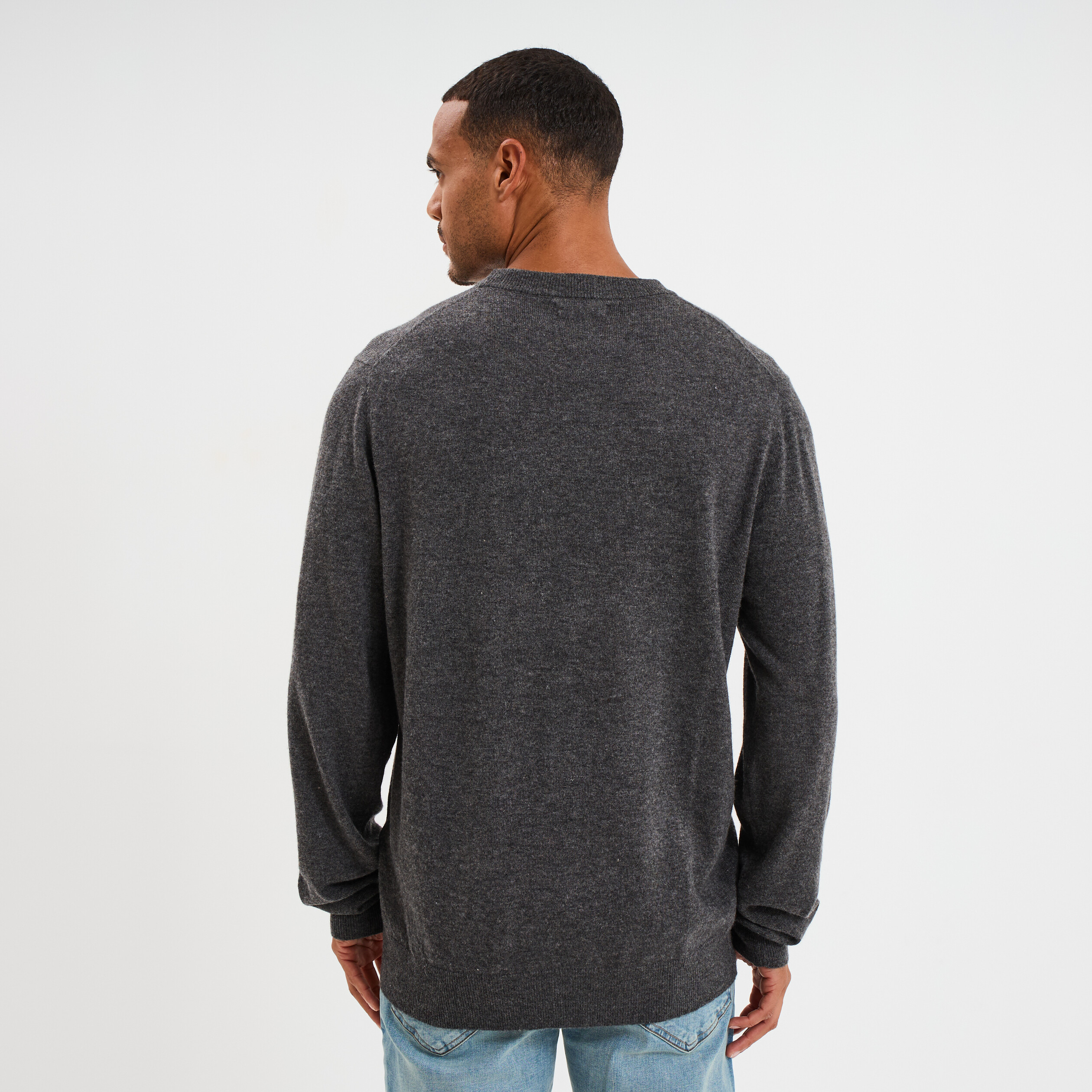 Pull col rond manches longues gris fonc&eacute; homme