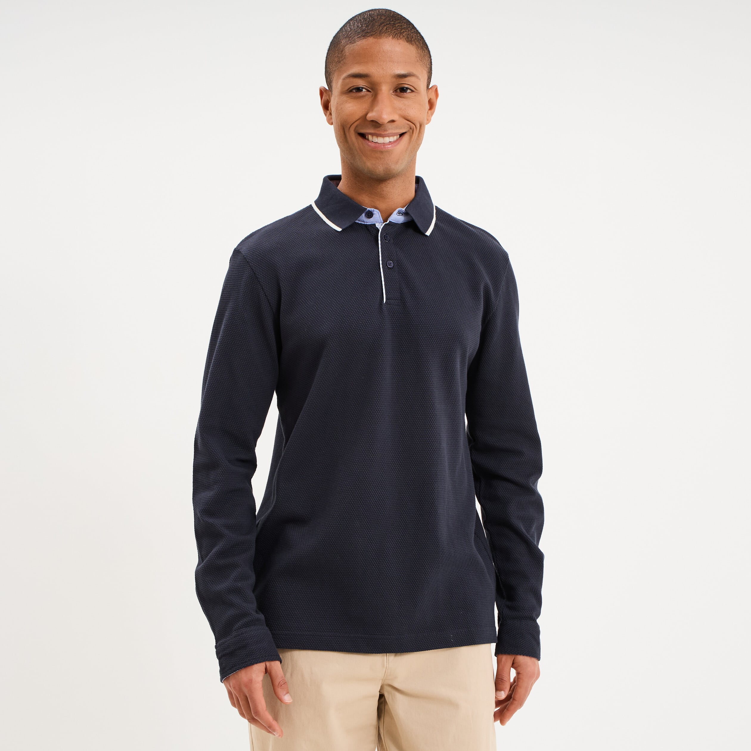 Polo piqu&eacute; droit manches longues coton bleu fonc&eacute; homme