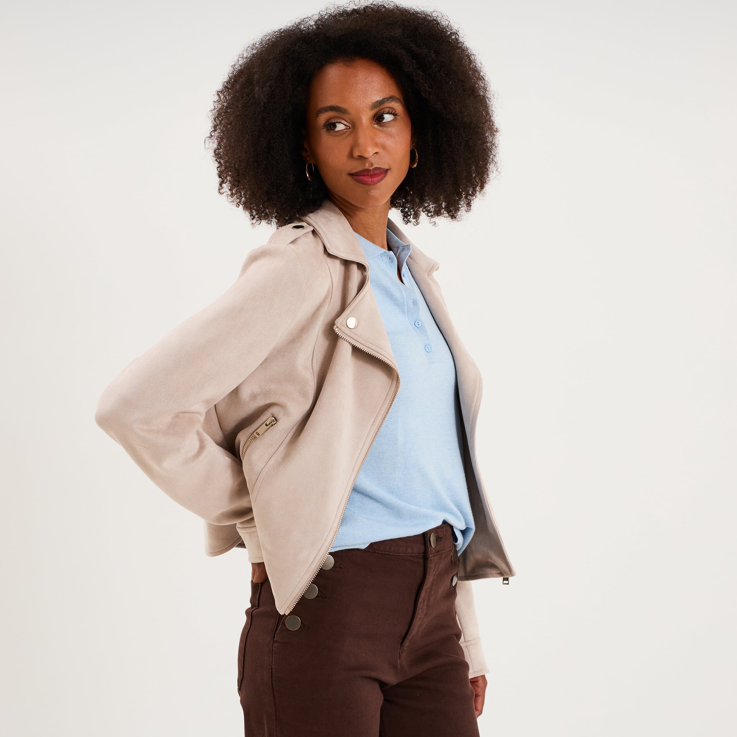 Veste biker en su&eacute;dine ajust&eacute;e beige femme