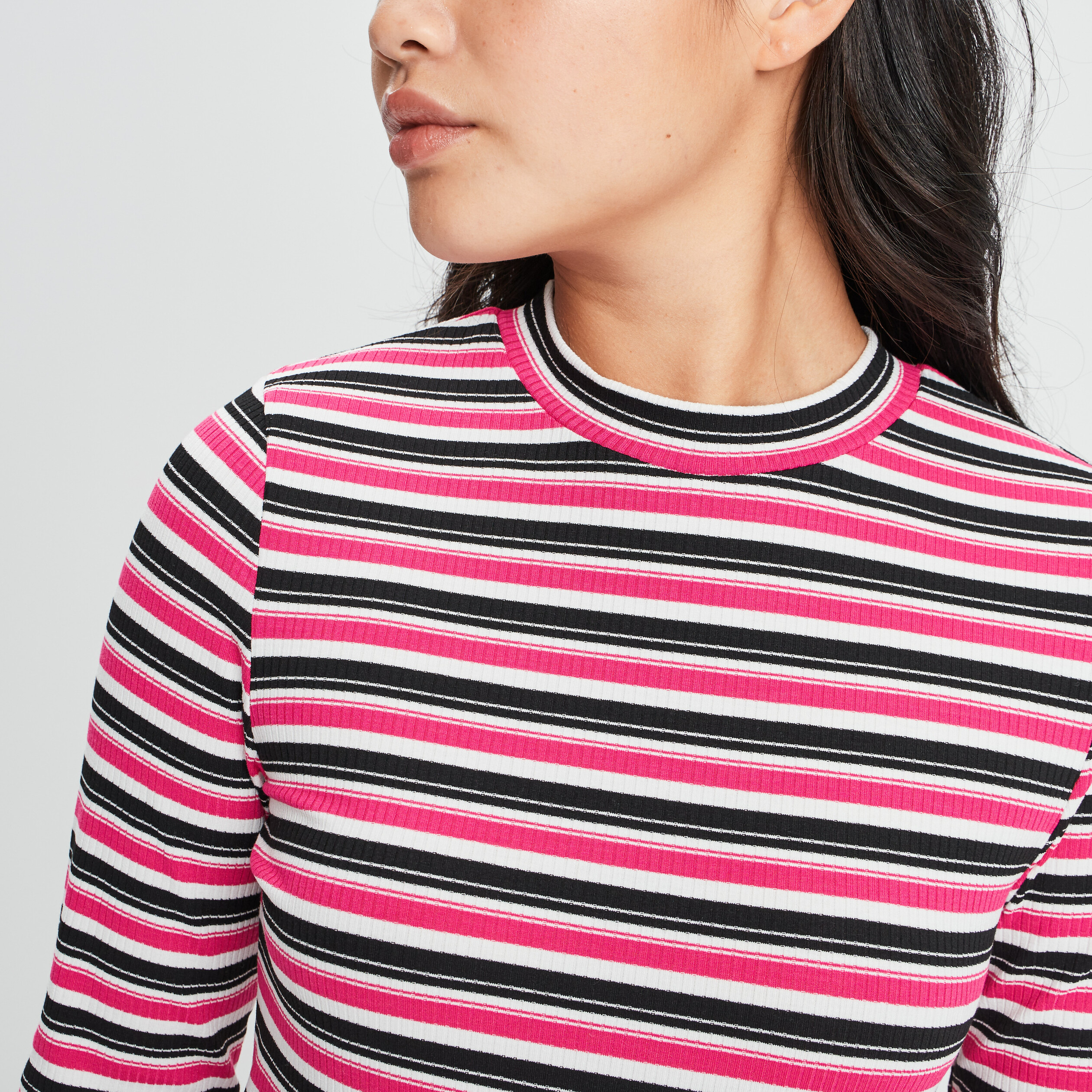 T-shirt manches longues côtelé rose vif femme