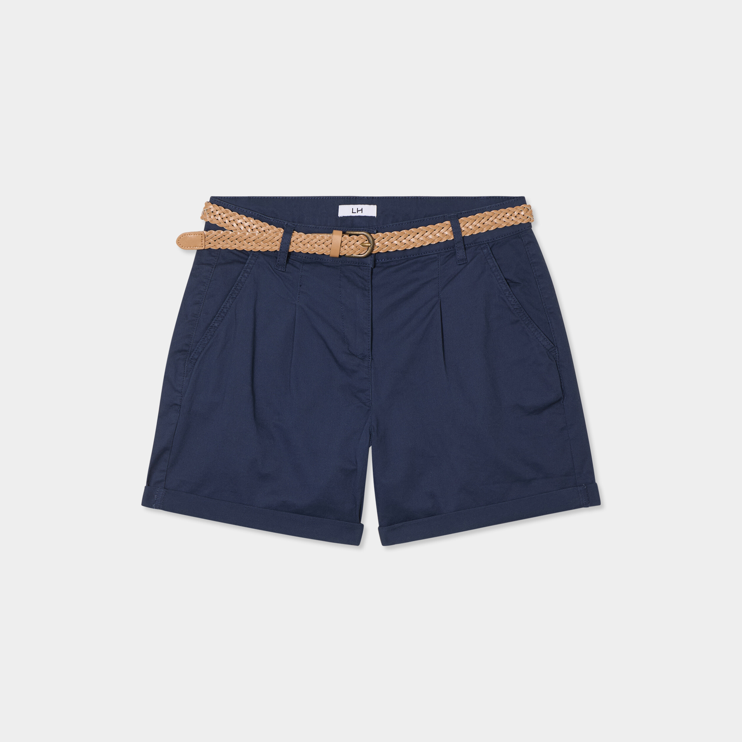 Short chino ceinture tress&eacute;e bleu marine femme