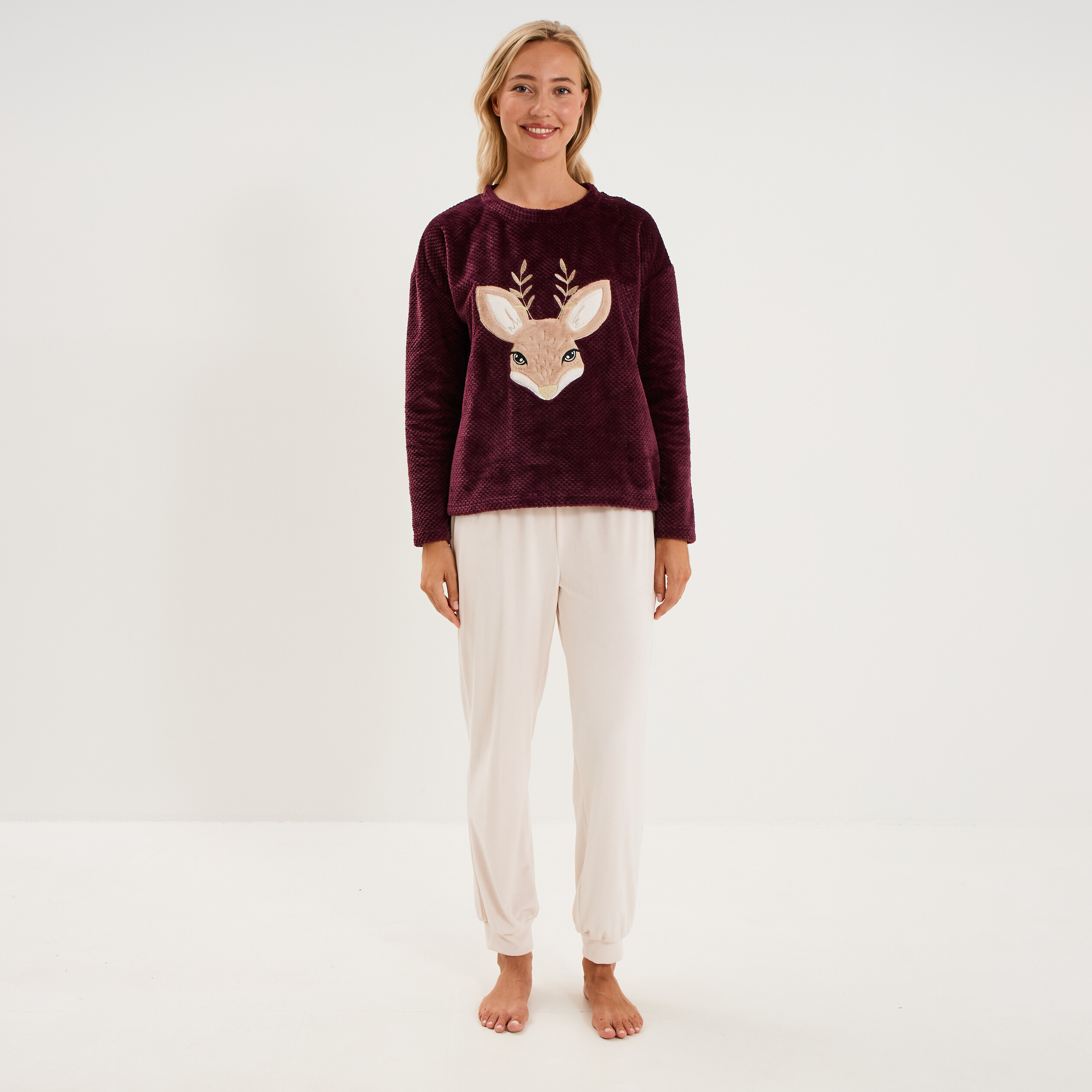 Ensemble pyjama pantalon polaire prune femme