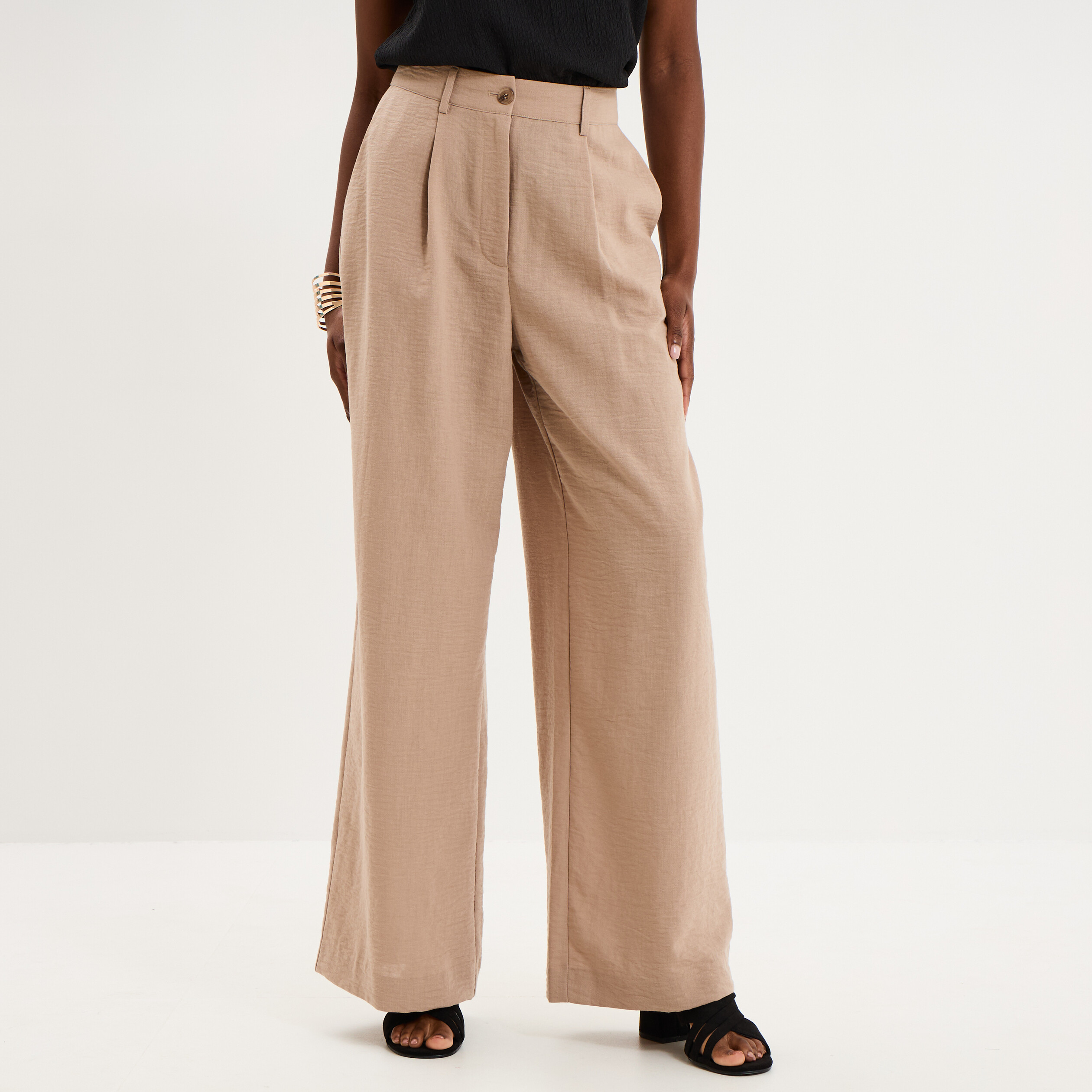 Pantalon large &agrave; pinces taille haute marron femme