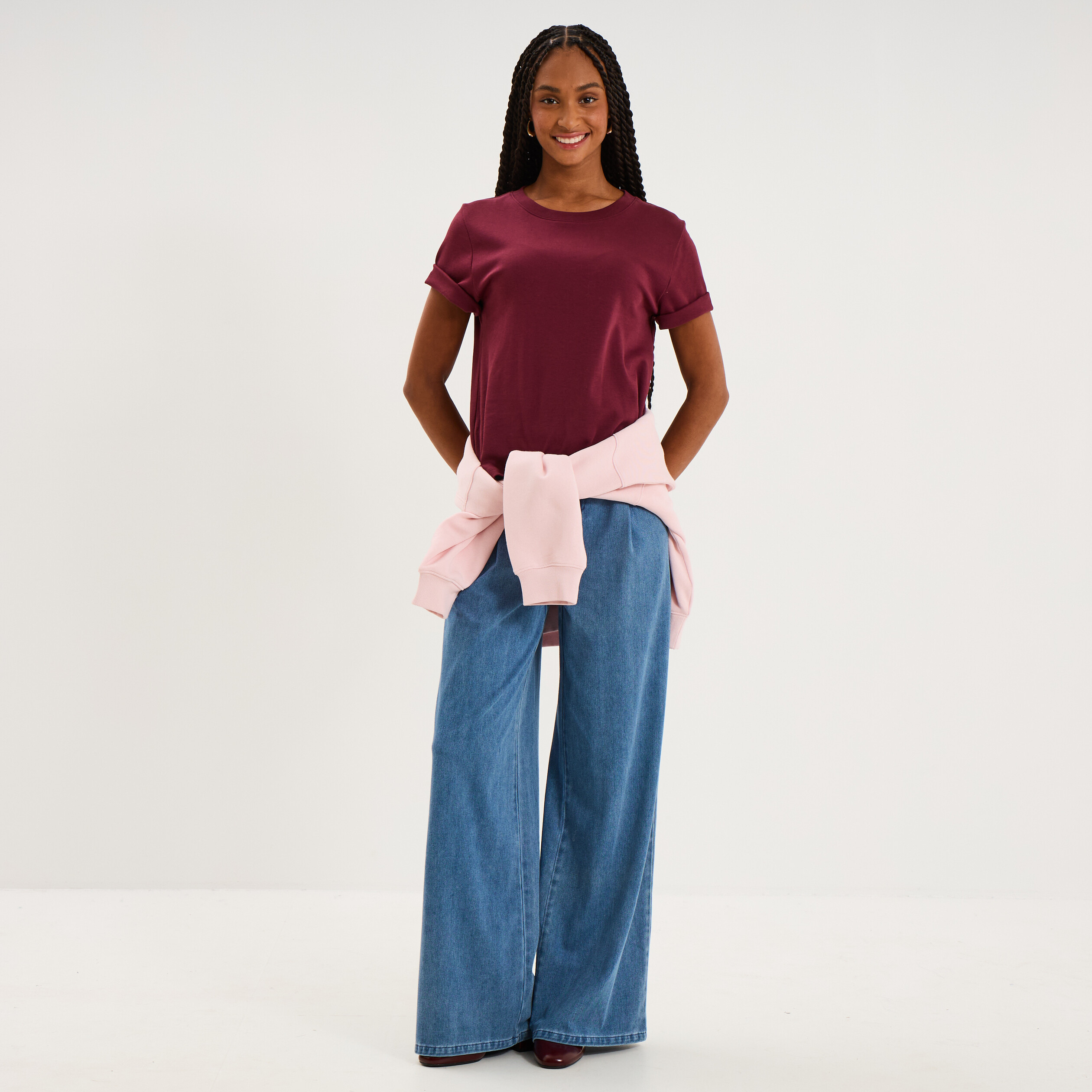 T-shirt manches courtes col rond coton bordeaux femme