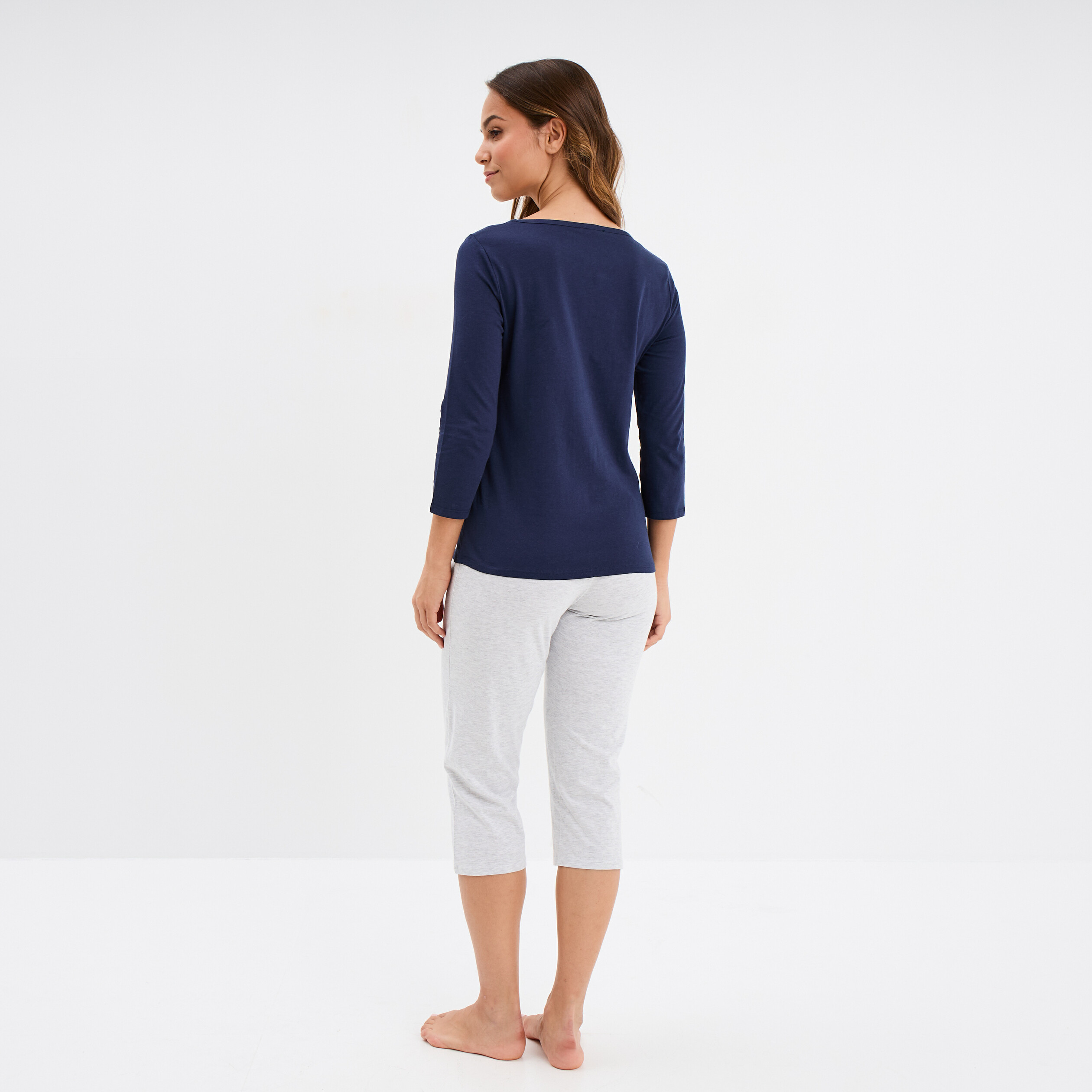 Ensemble pyjama corsaire 2 pièces coton bleu marine femme