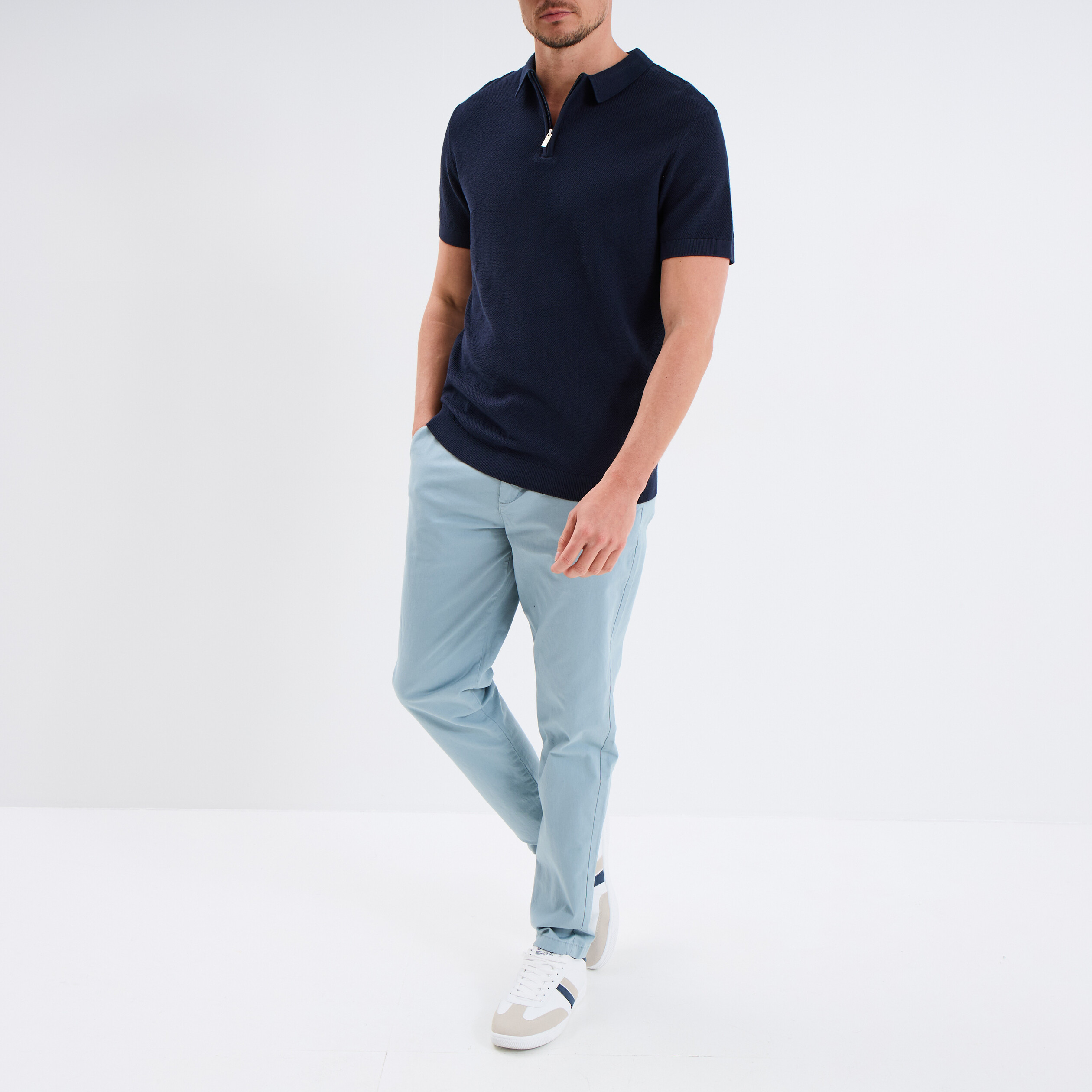 polo col zippe manches courtes coton bleu marine homme Polo col zippé manches courtes coton bleu marine homme