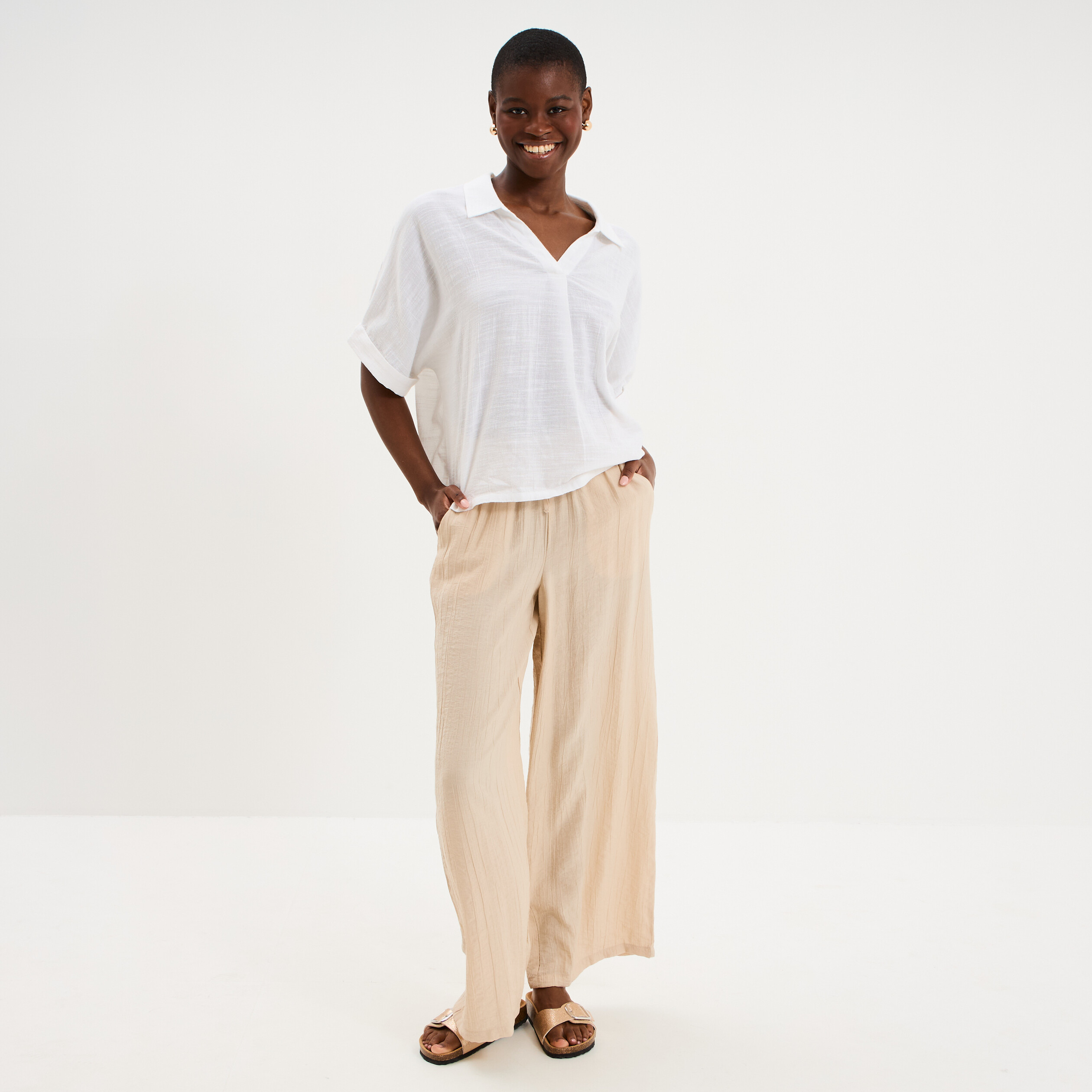 Pantalon large fluide taille &eacute;lastiqu&eacute;e beige femme