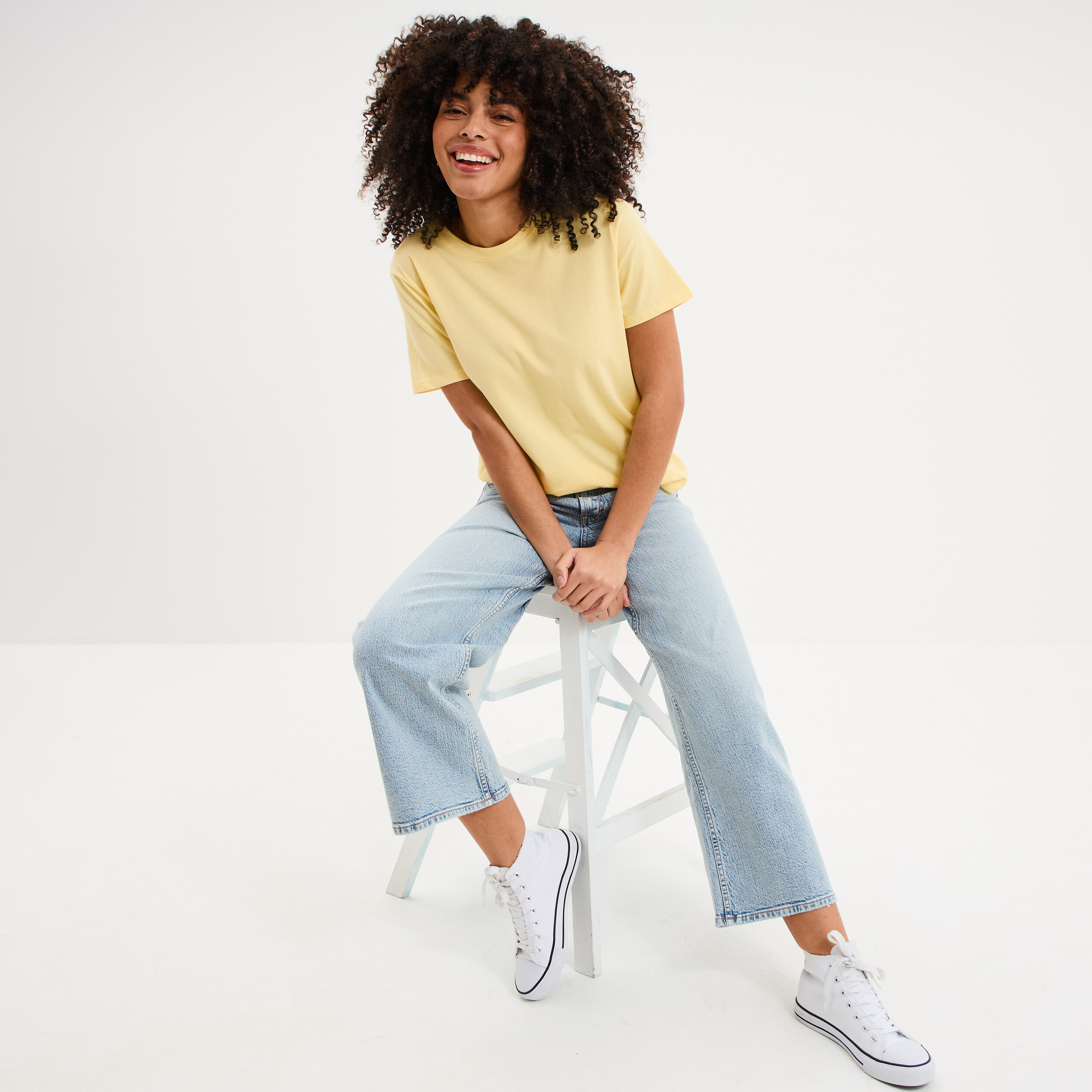 T-shirt col rond manches courtes coton jaune pastel femme