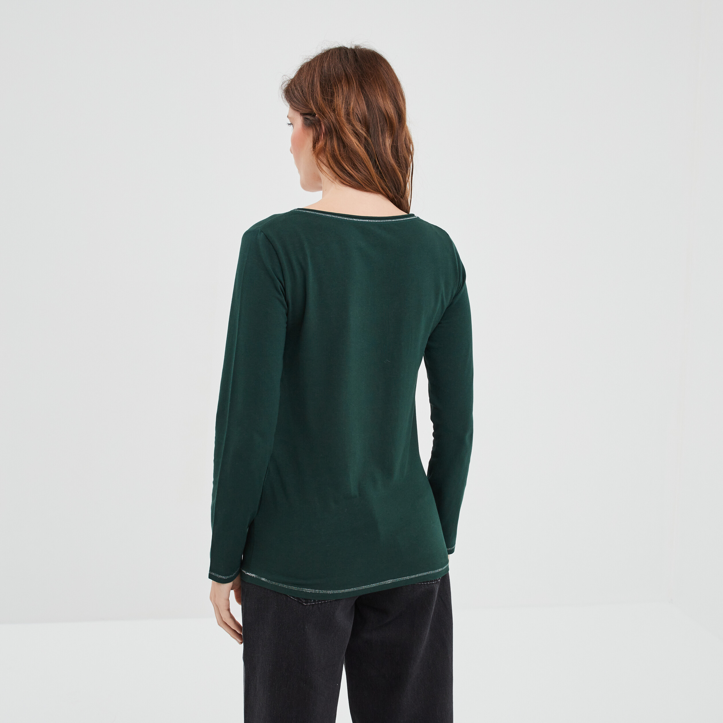 T-shirt manches longues col en V coton vert foncé femme