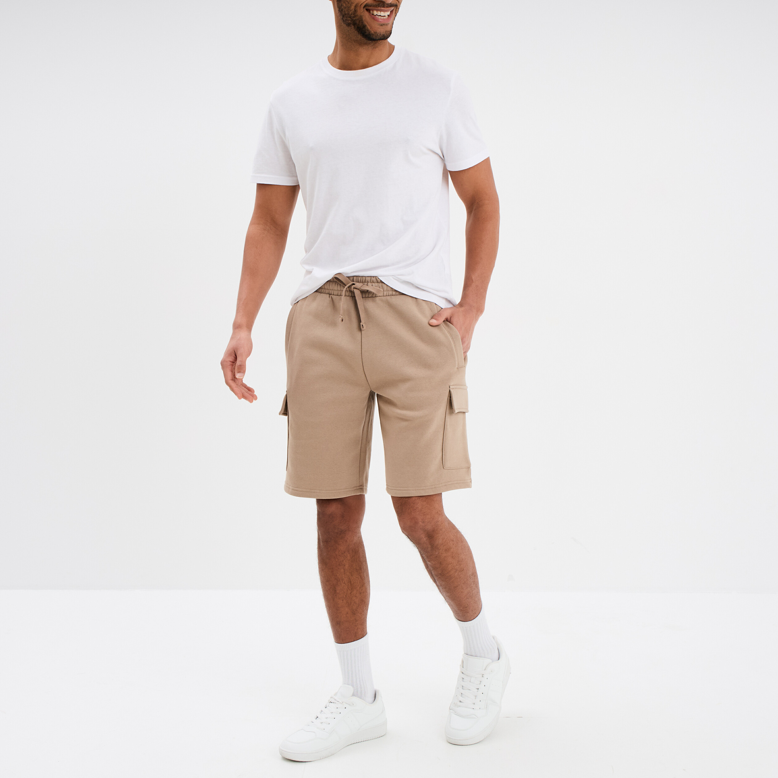 Bermuda cargo molleton taille &eacute;lastiqu&eacute;e taupe homme