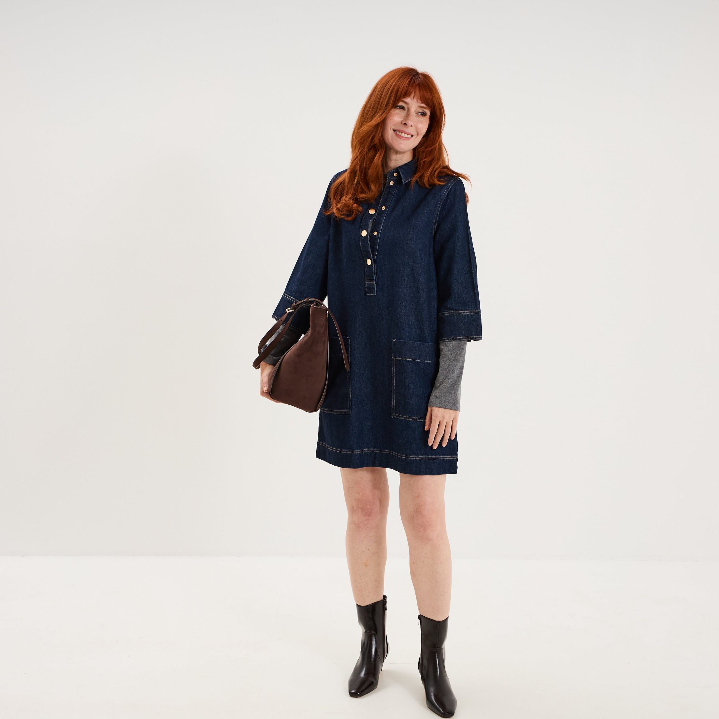 Robe courte en denim manches 3/4 denim brut femme