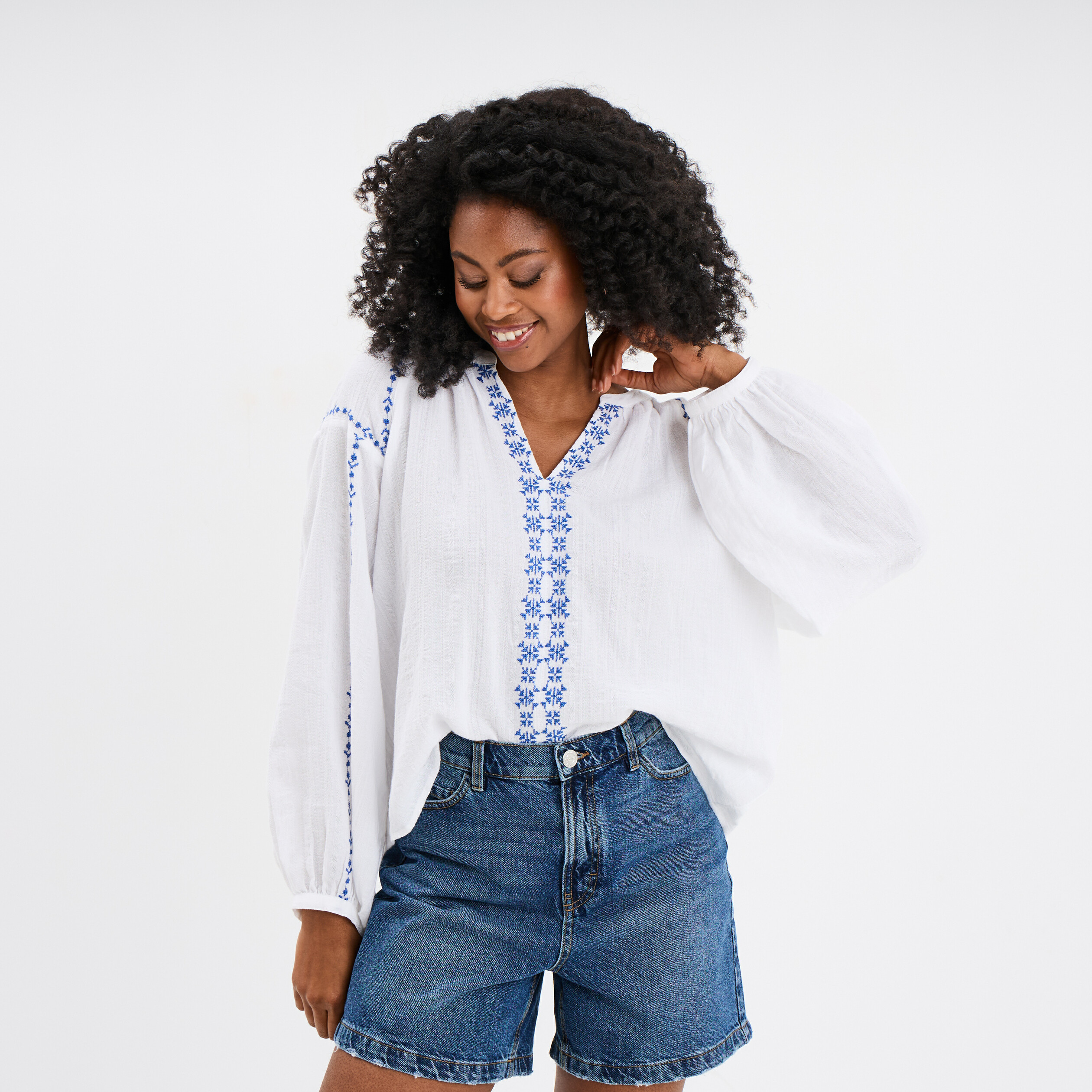 blouse brodee manches longues coton blanc femme Blouse brodée manches longues coton blanc femme