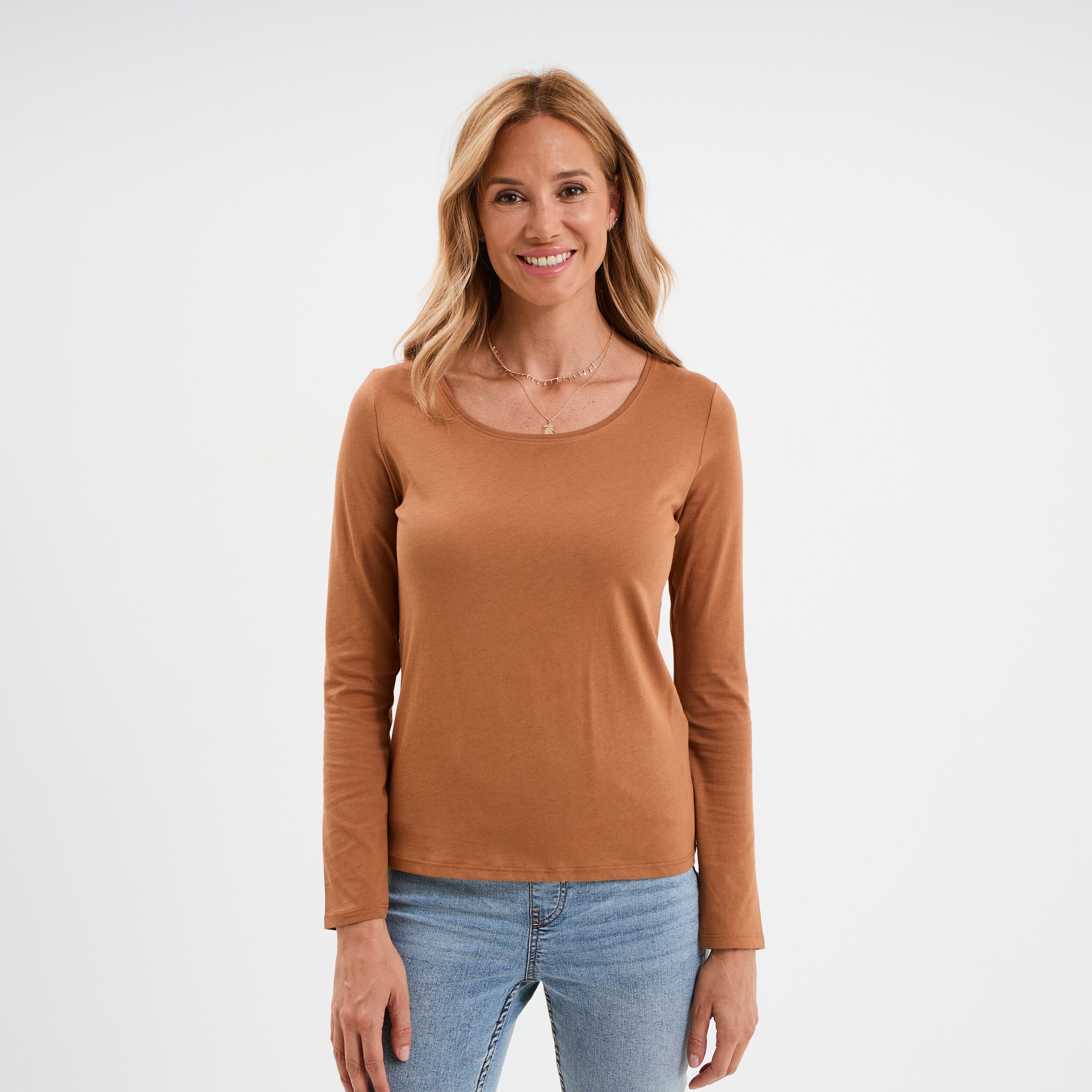 t shirt coton col rond manches longues marron clair femme T-shirt coton col rond manches longues marron clair femme