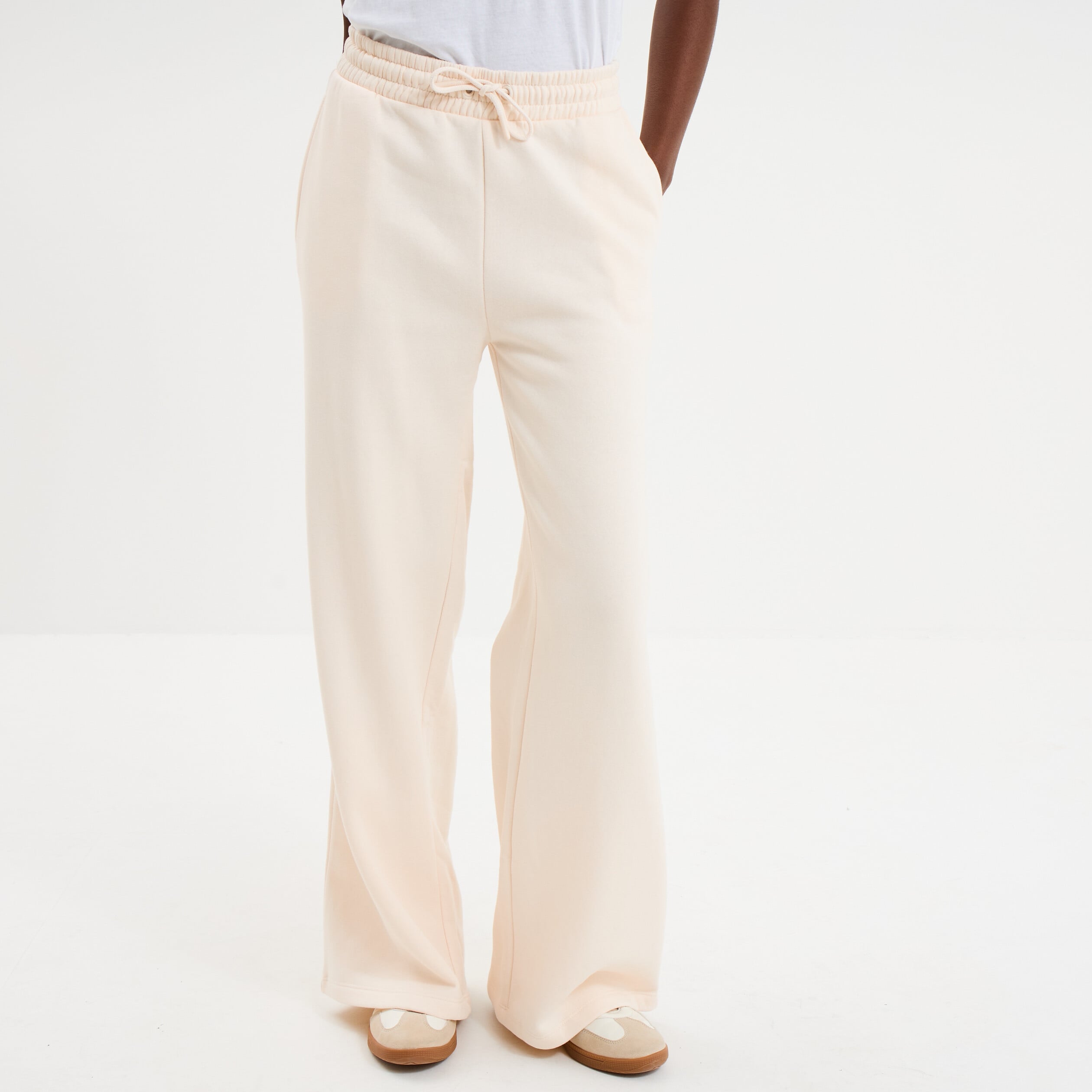 Pantalon jogging large taille &eacute;lastiqu&eacute;e beige femme