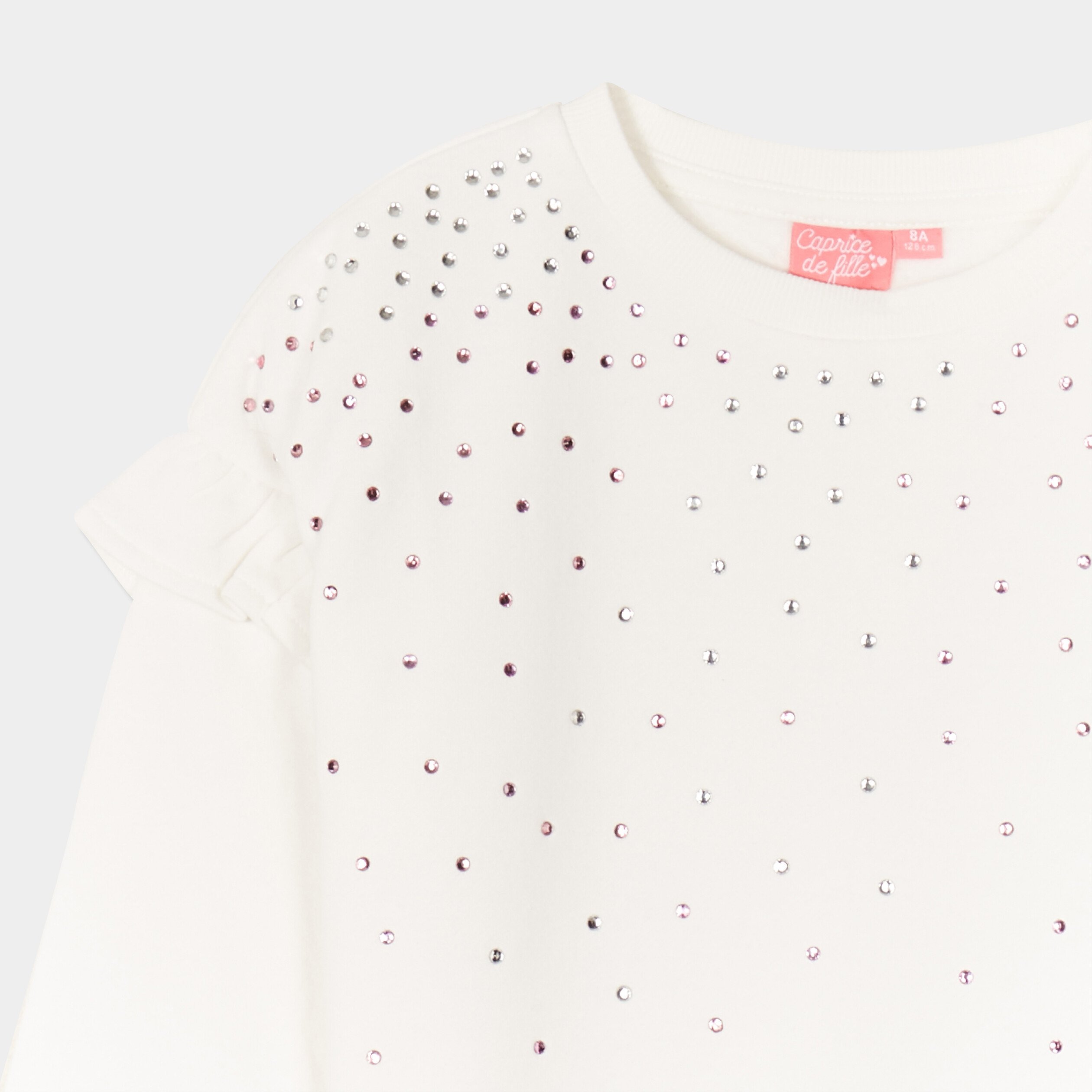 Sweat strass et volants manches longues ivoire fille