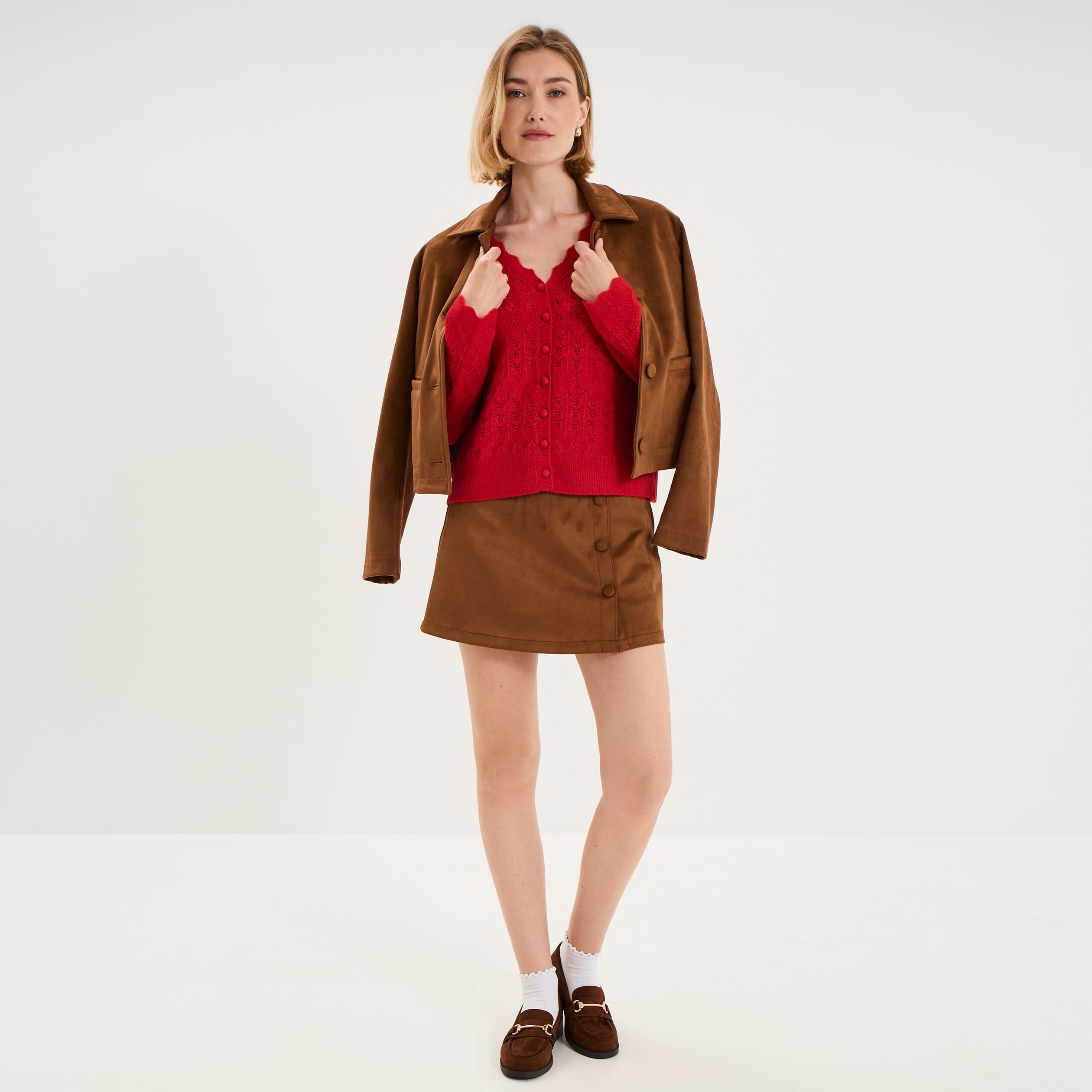 Gilet ajour&eacute; col V manches longues rouge femme