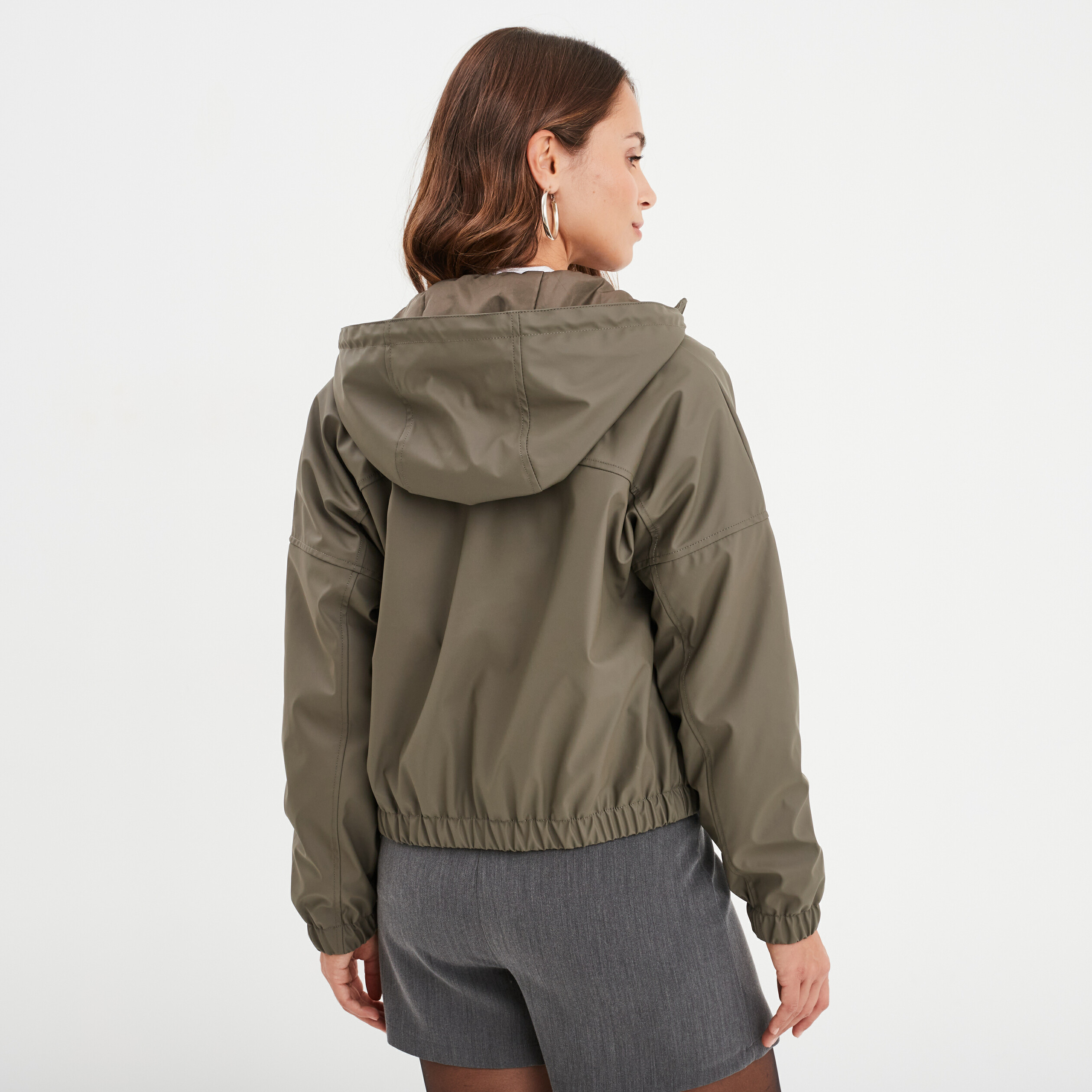 Blouson à capuche court vert kaki femme