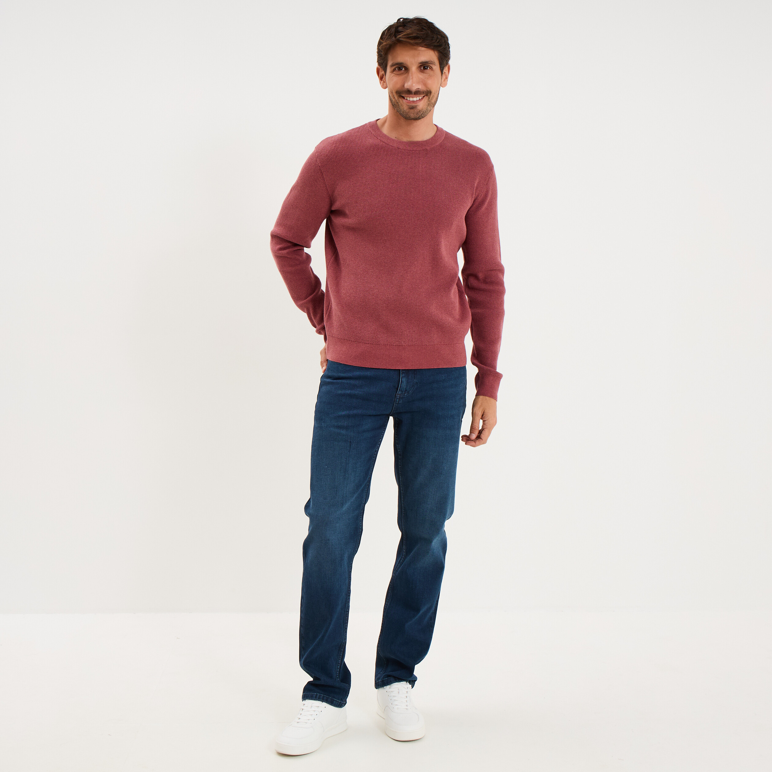 Pull en maille textur&eacute;e col rond vieux rose homme