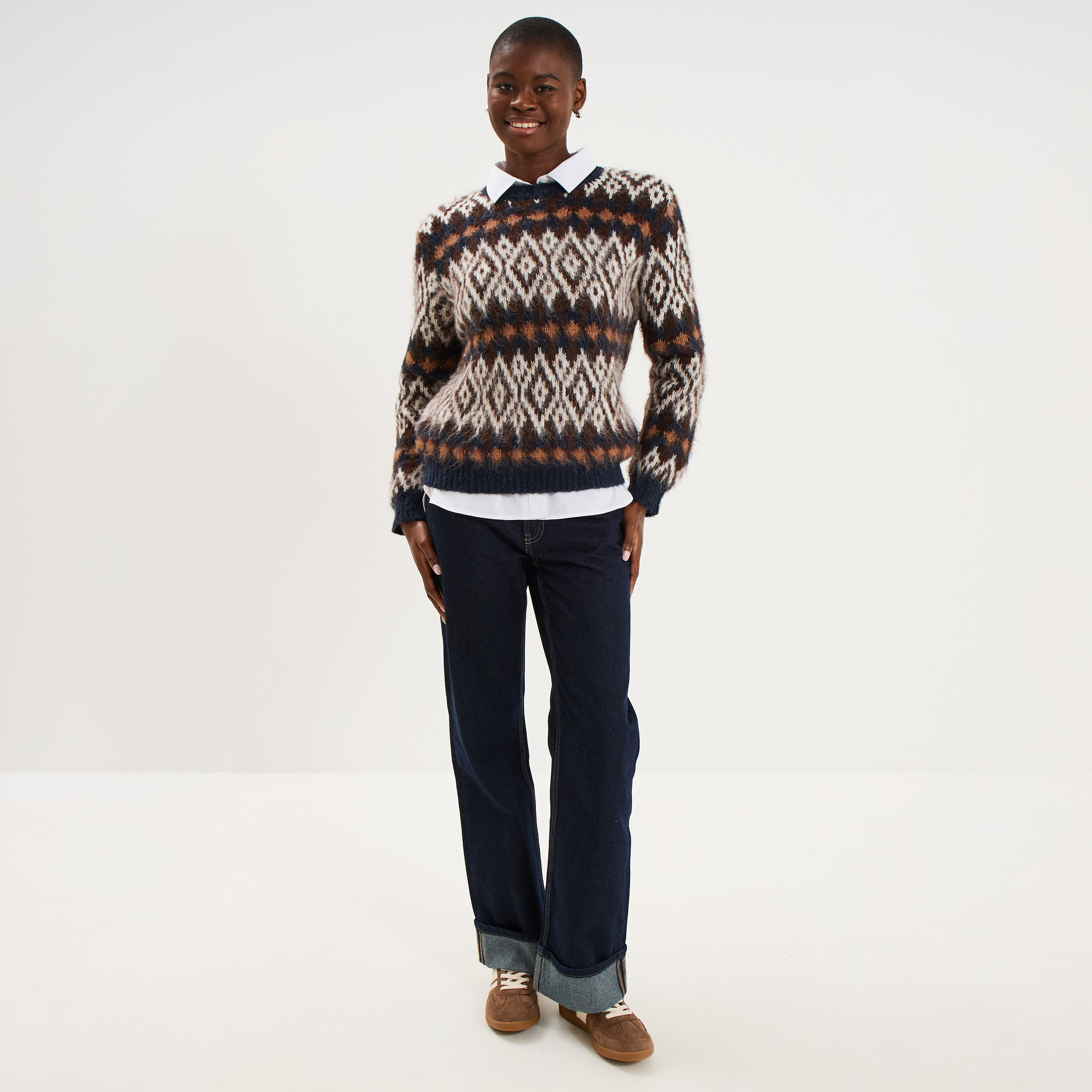 Pull manches longues col rond marron femme
