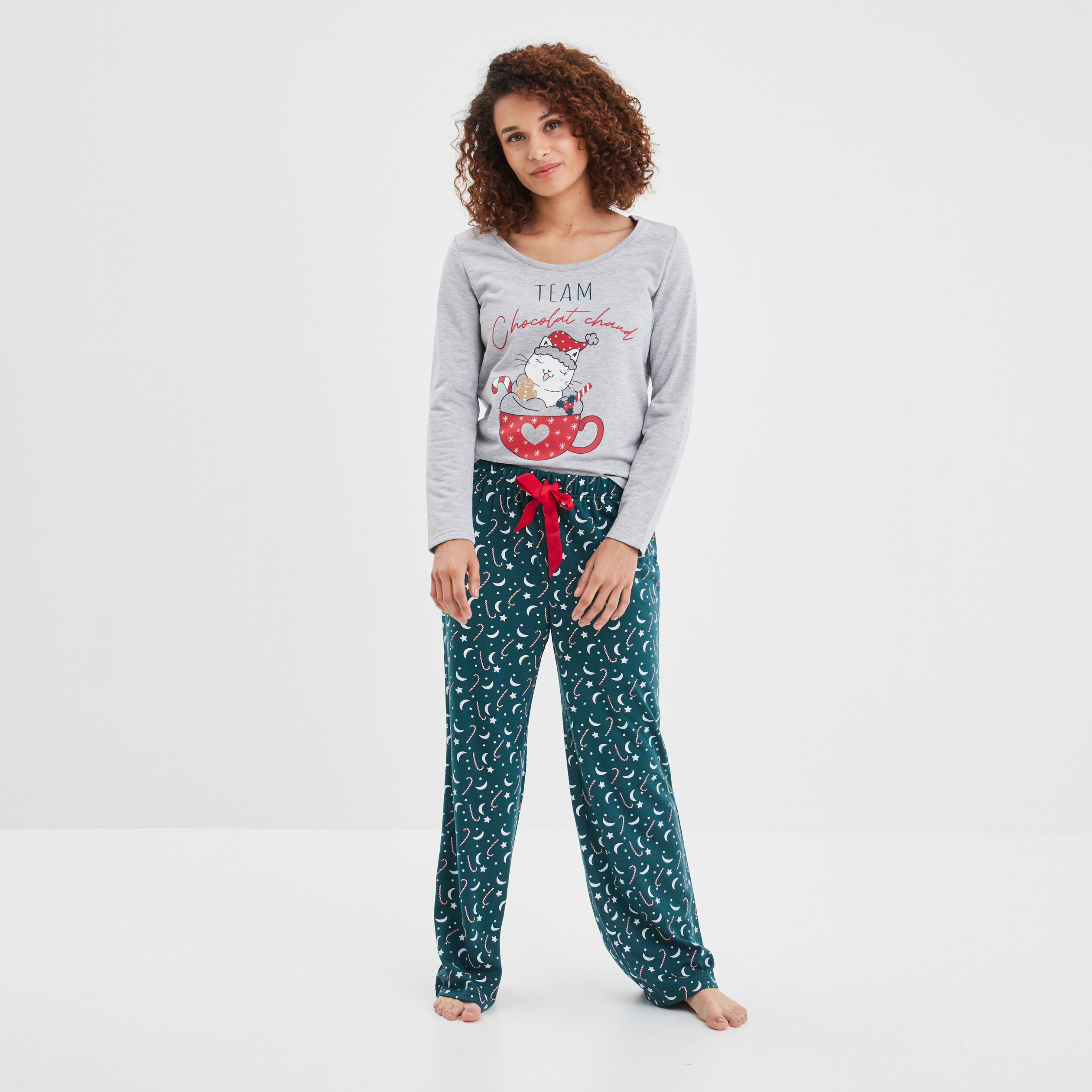 Ensemble pyjama pantalon 2 pièces gris clair femme
