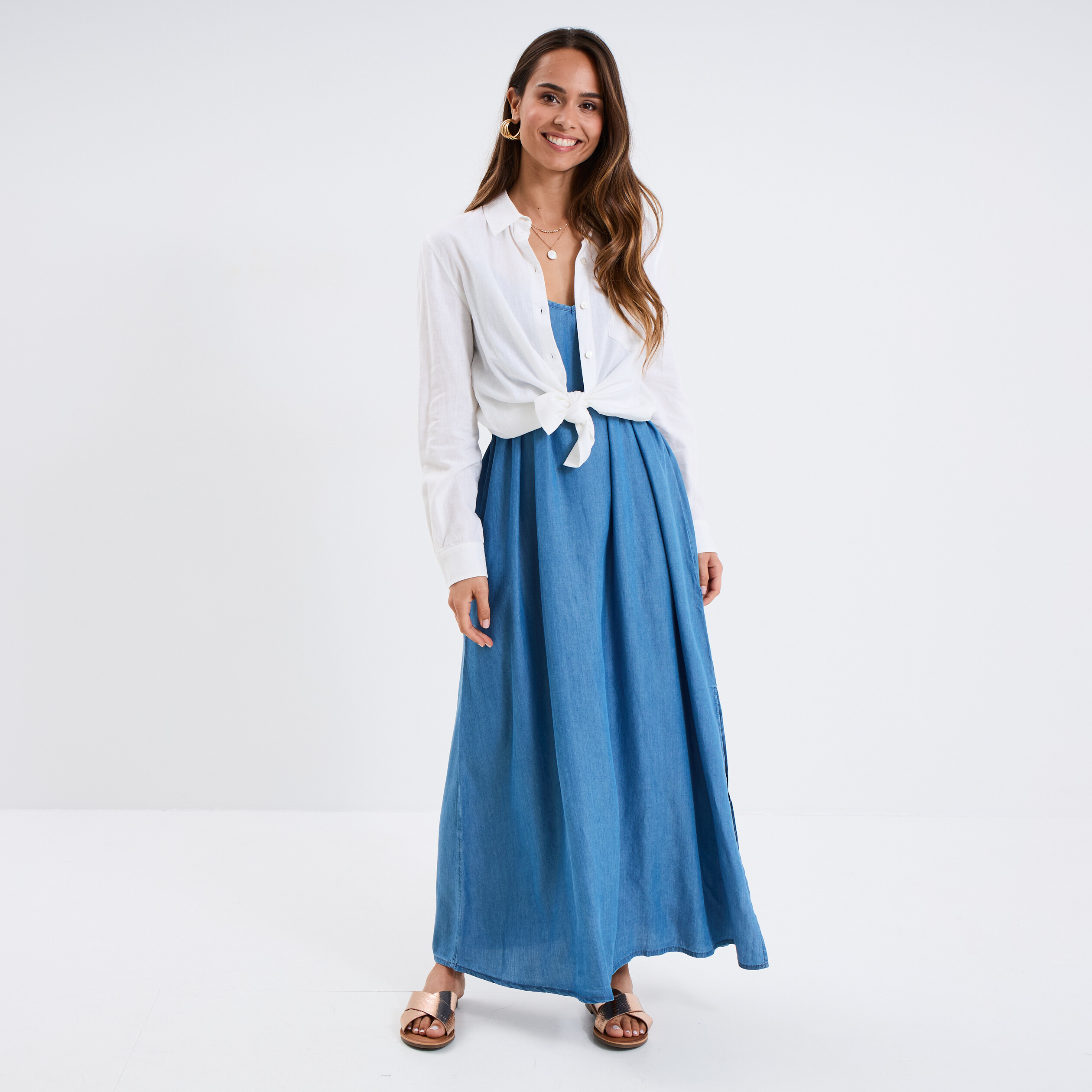 robe longue en jean col en v denim double stone femme Robe longue en jean col en V denim double stone femme