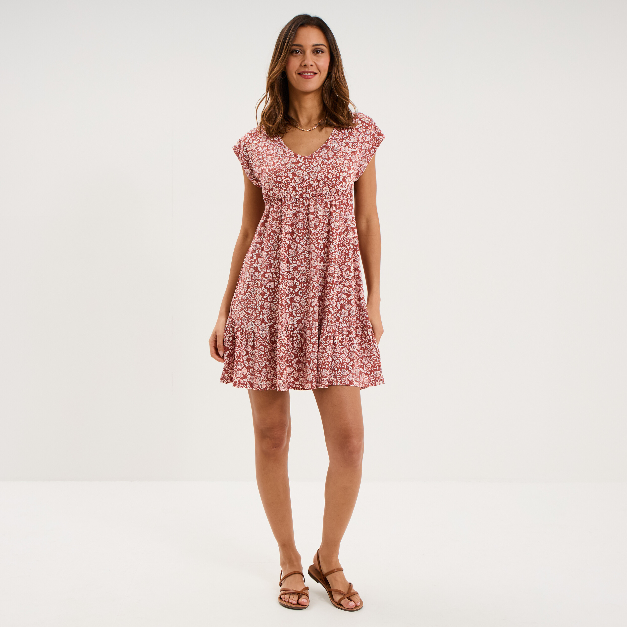 Robe patineuse manches courtes terracotta femme