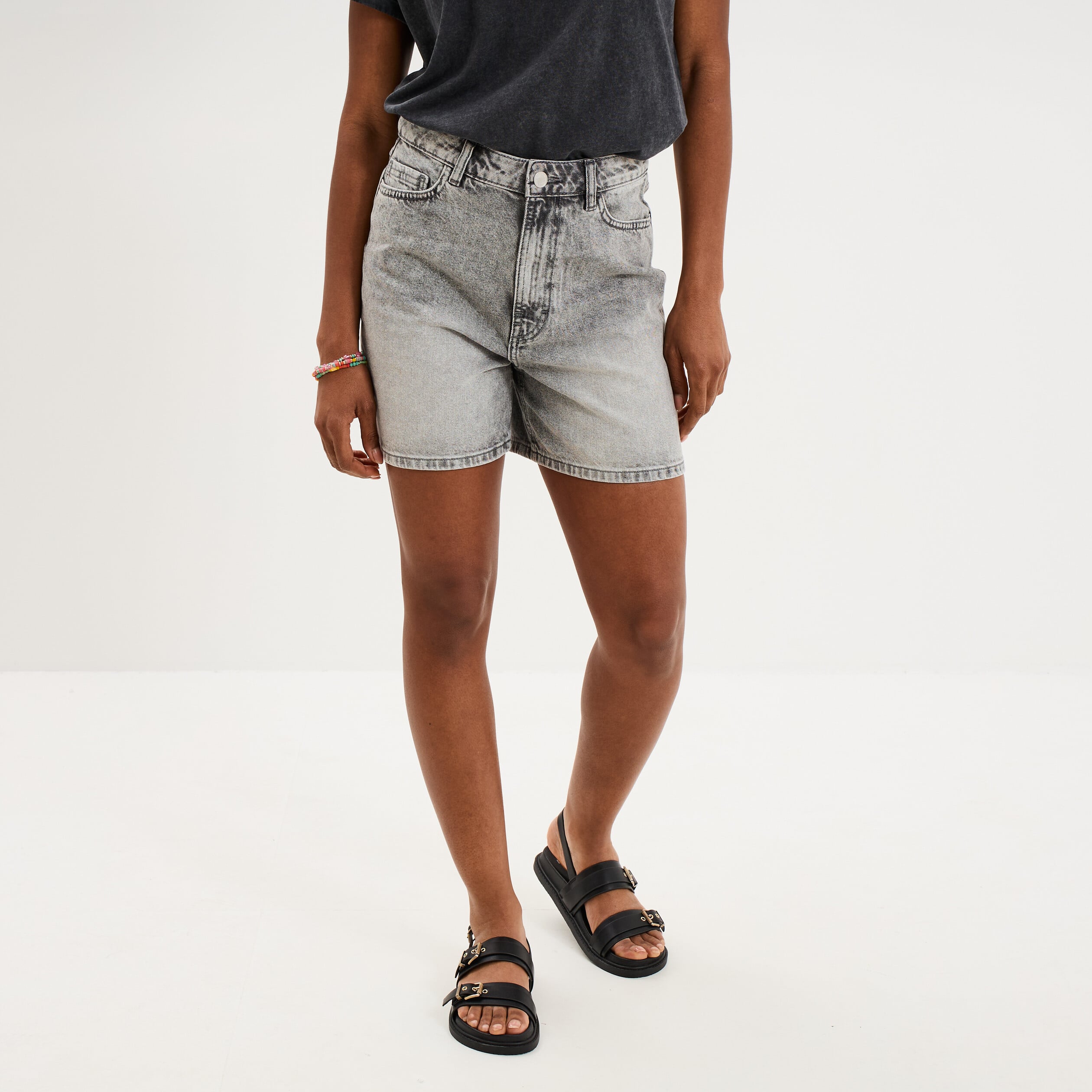 Short mom en jean 5 poches denim gris clair femme