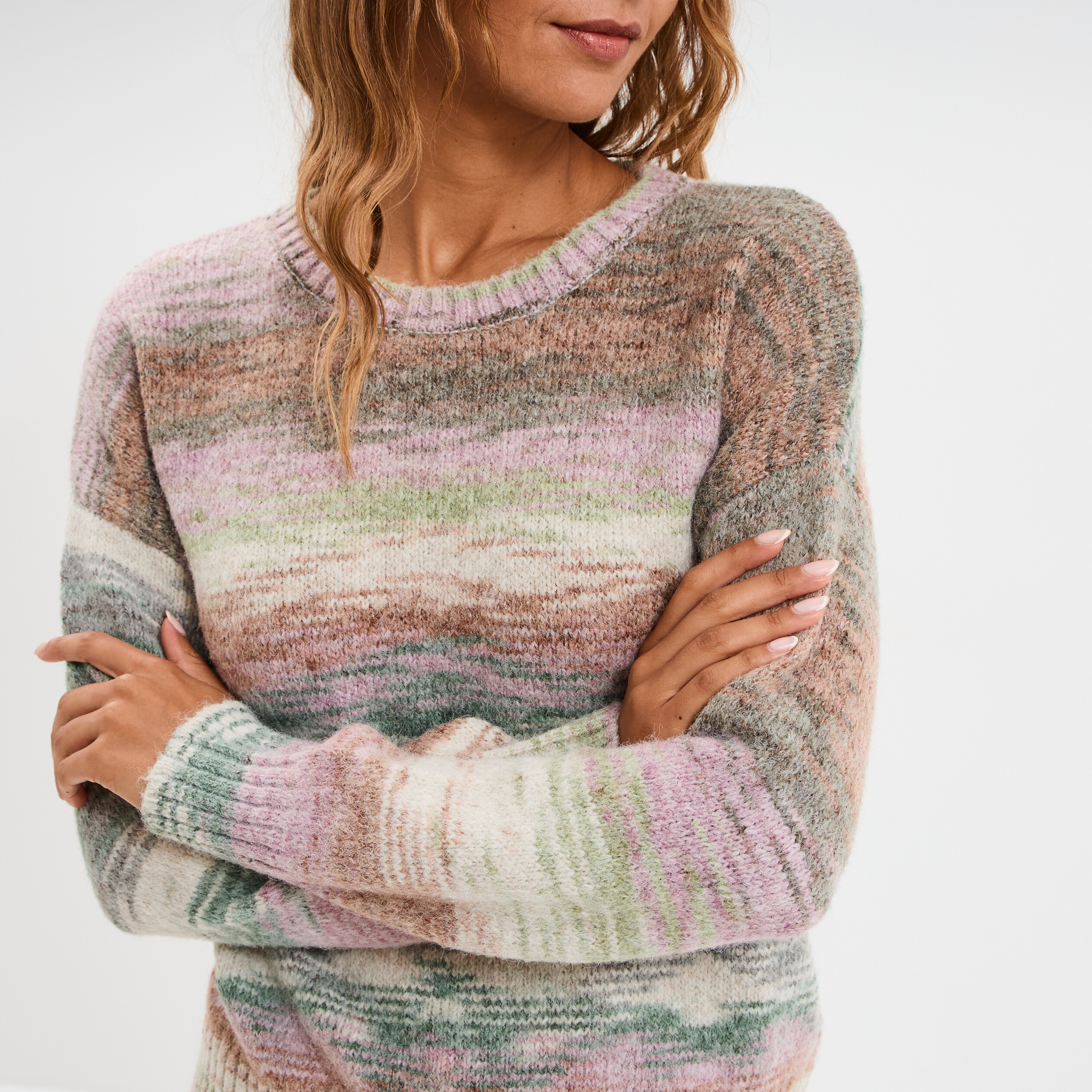 Pull col rond manches longues multicolore femme