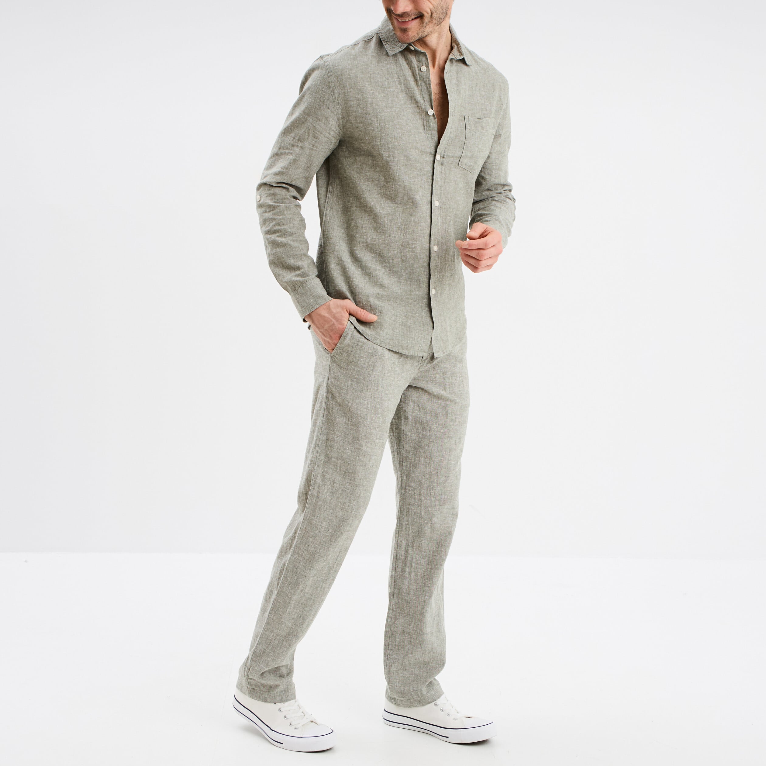 Pantalon chino droit lin m&eacute;lang&eacute; vert kaki homme