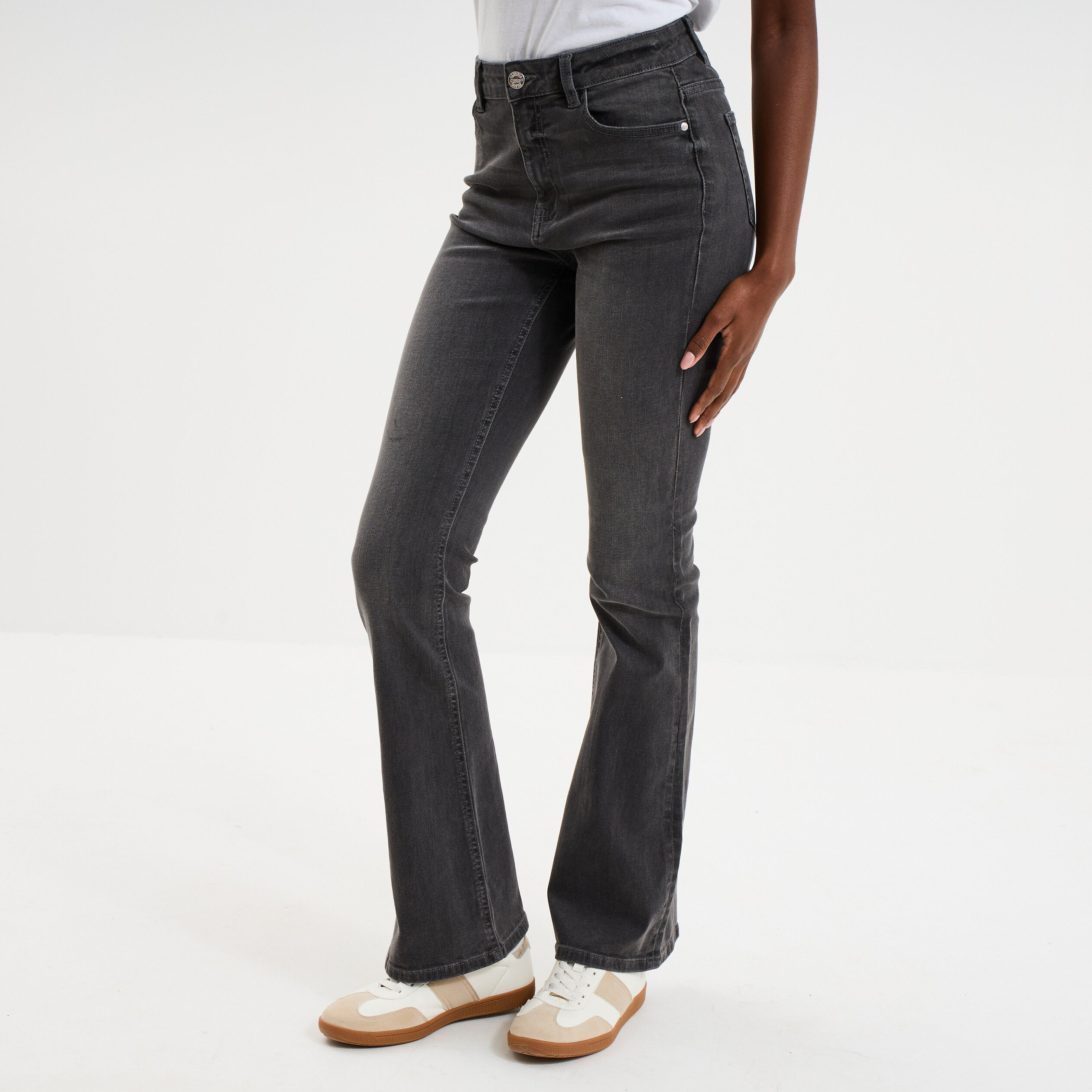 Jeans flare 5 poches denim gris femme