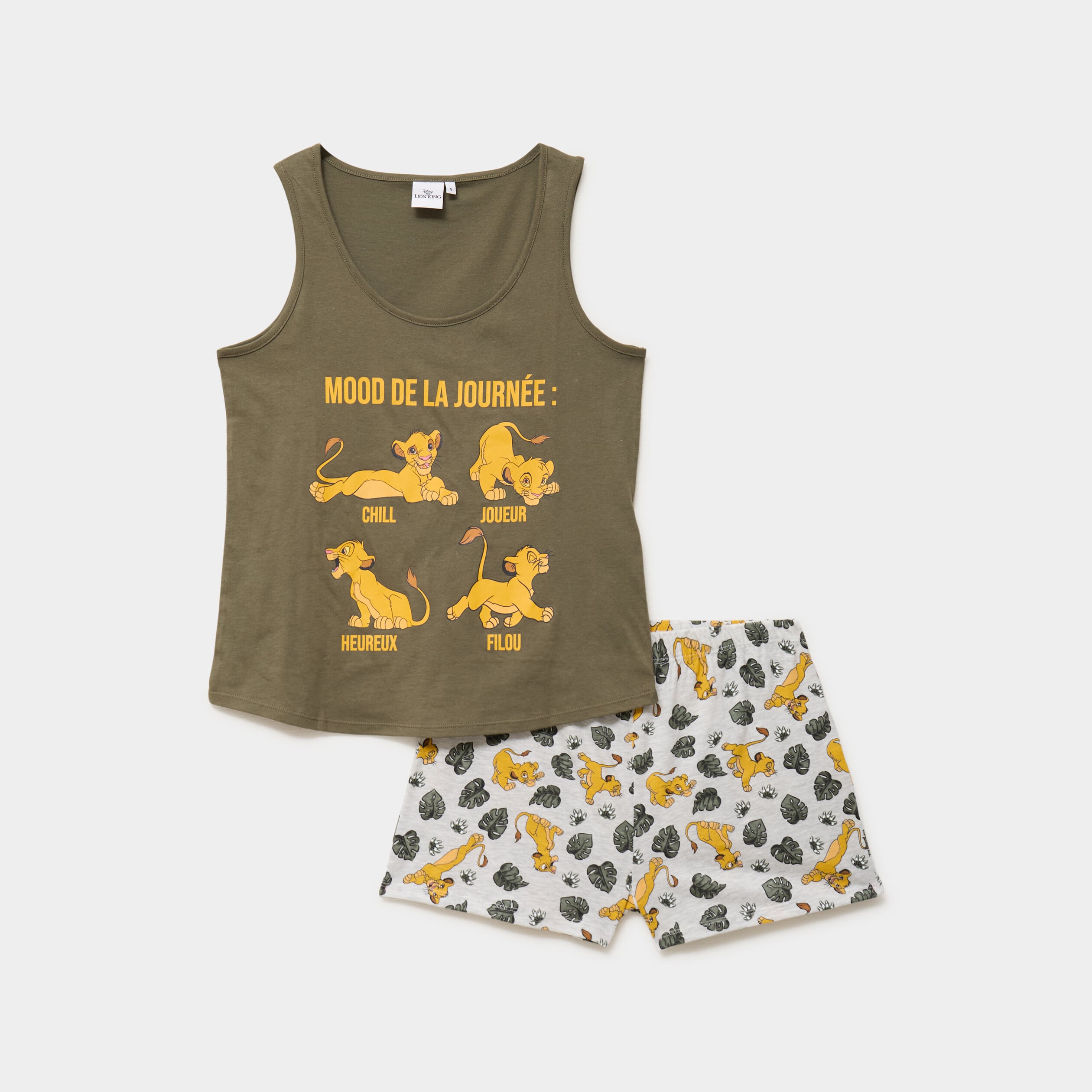 Ensemble pyjama short coton Le Roi lion vert kaki femme