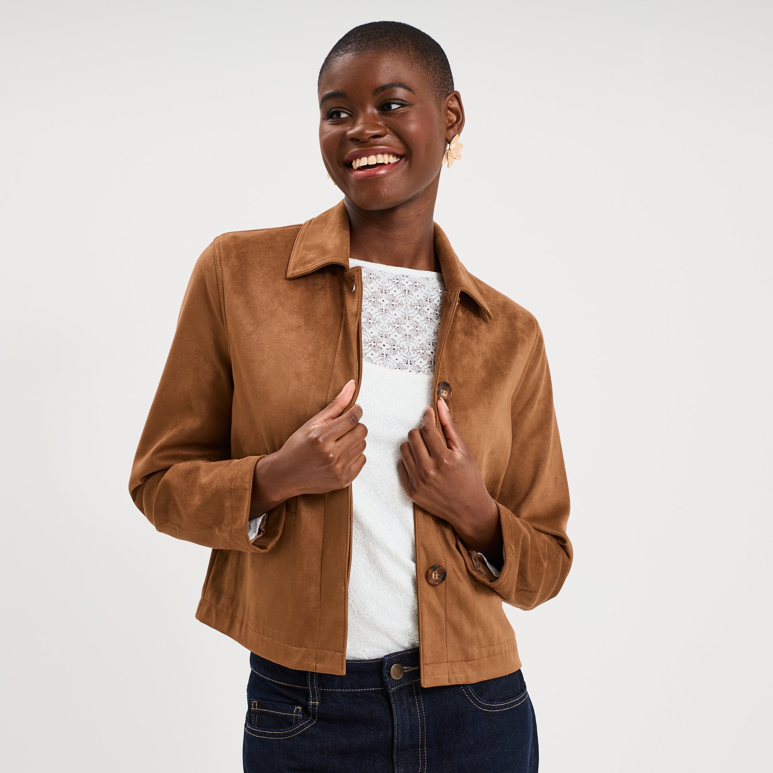 Veste courte effet su&eacute;dine marron femme