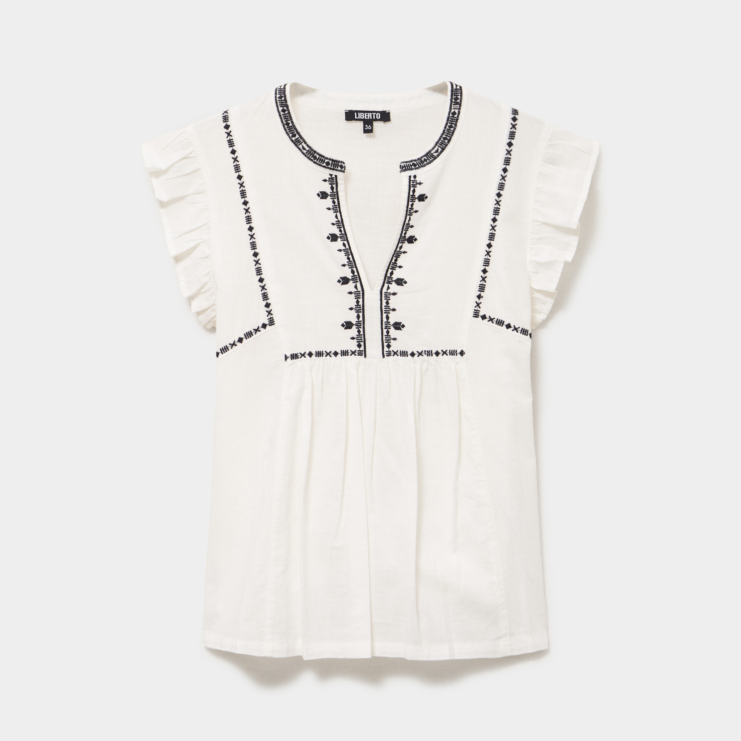 Blouse brod&eacute;e &agrave; volants coton blanc femme