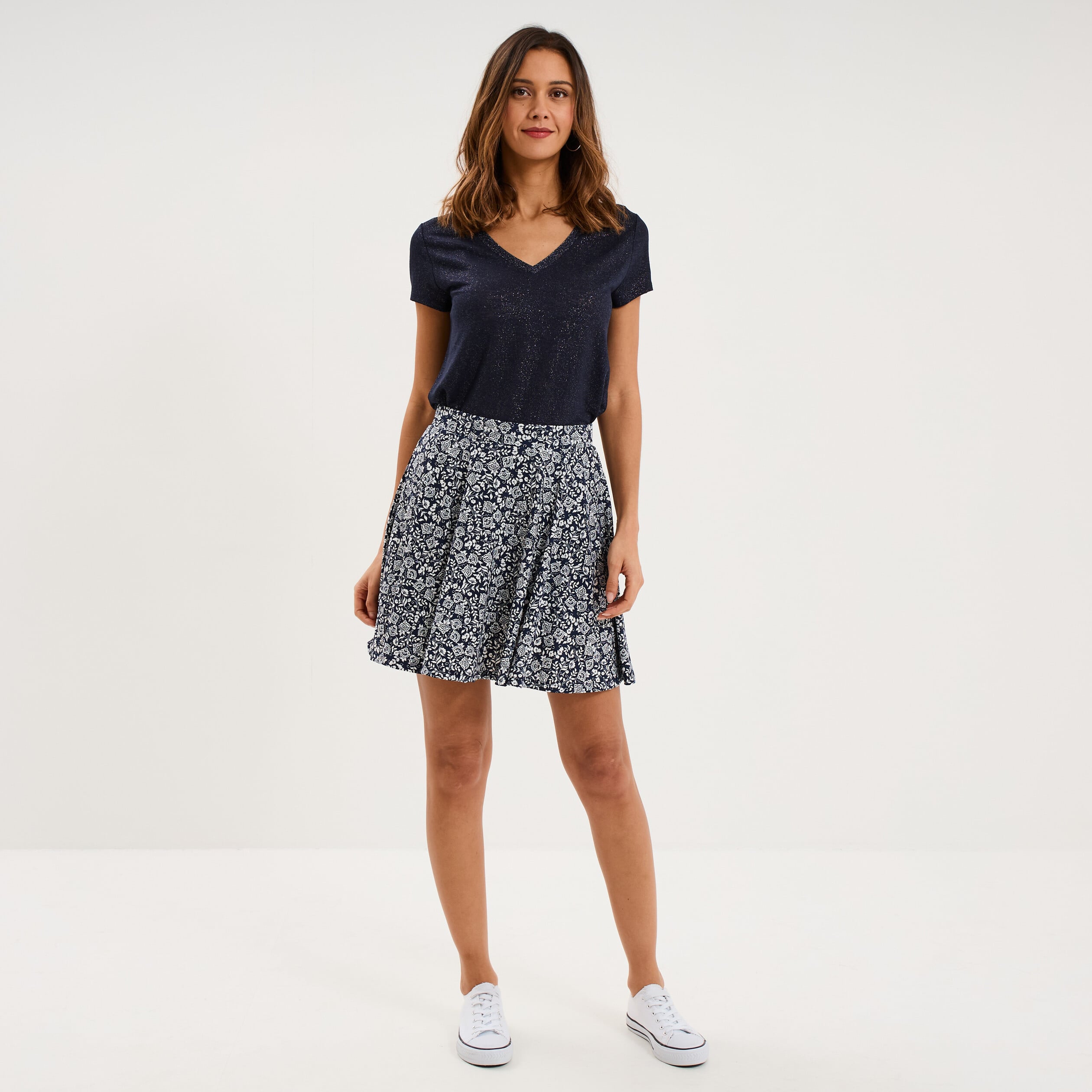 Jupe fluide patineuse avec short int&eacute;gr&eacute; bleu marine femme