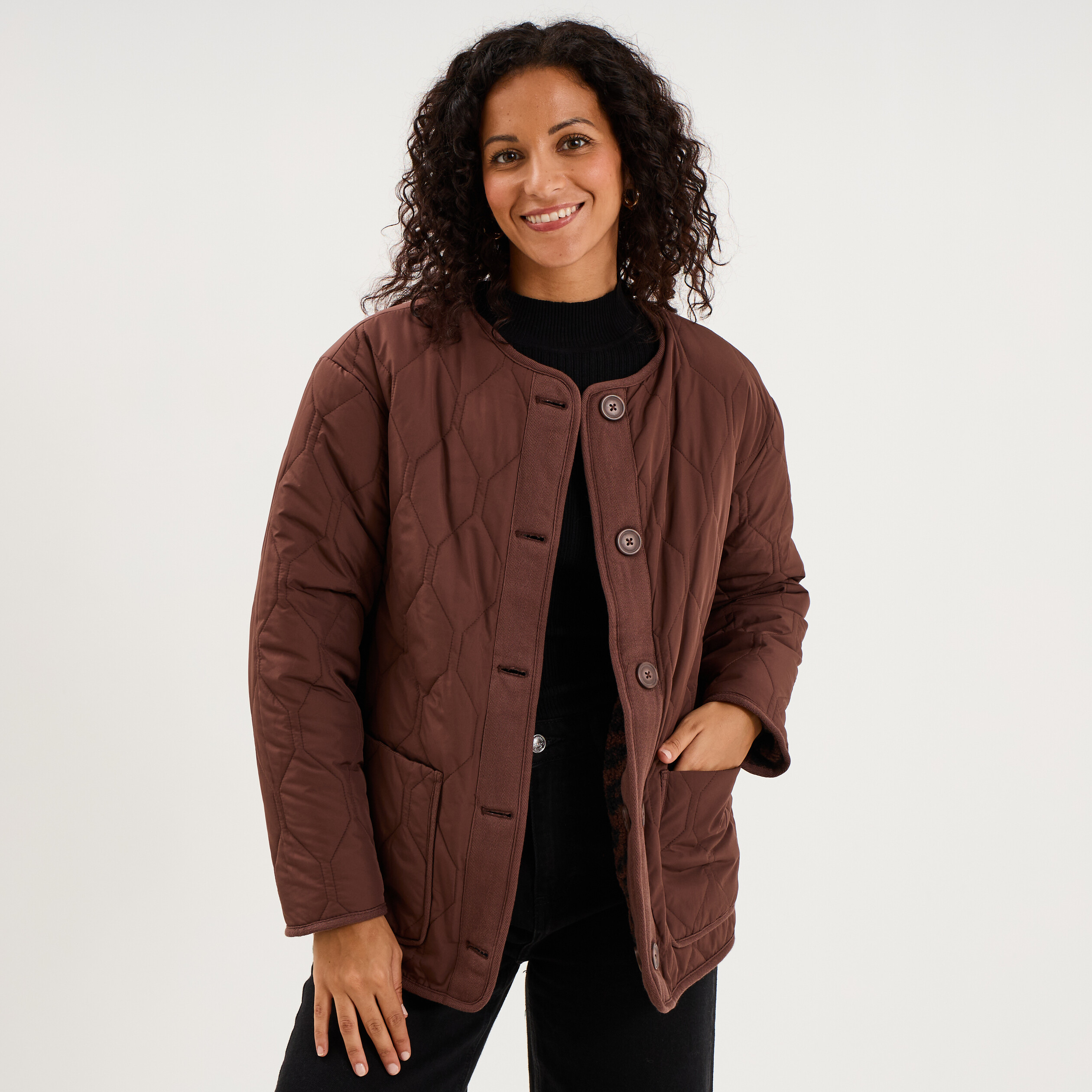 Veste r&eacute;versible matelass&eacute;e et polaire marron fonc&eacute; femme