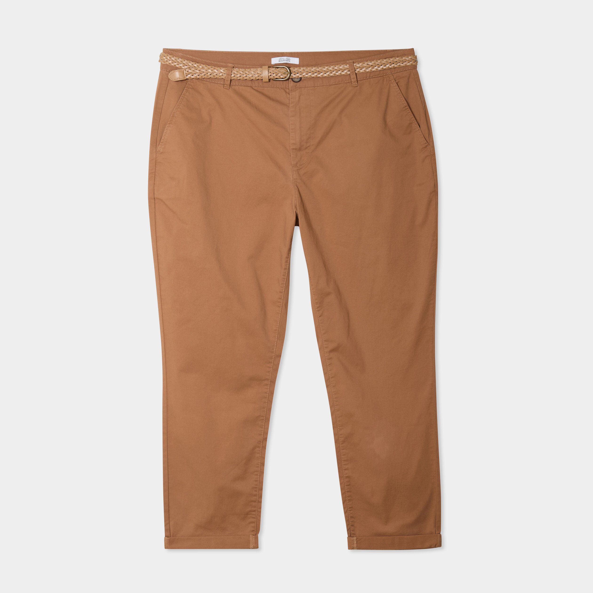 pantalon chino cigarette ceinture coton marron clair femmegt Pantalon chino cigarette ceinturé coton marron clair femme grande taille