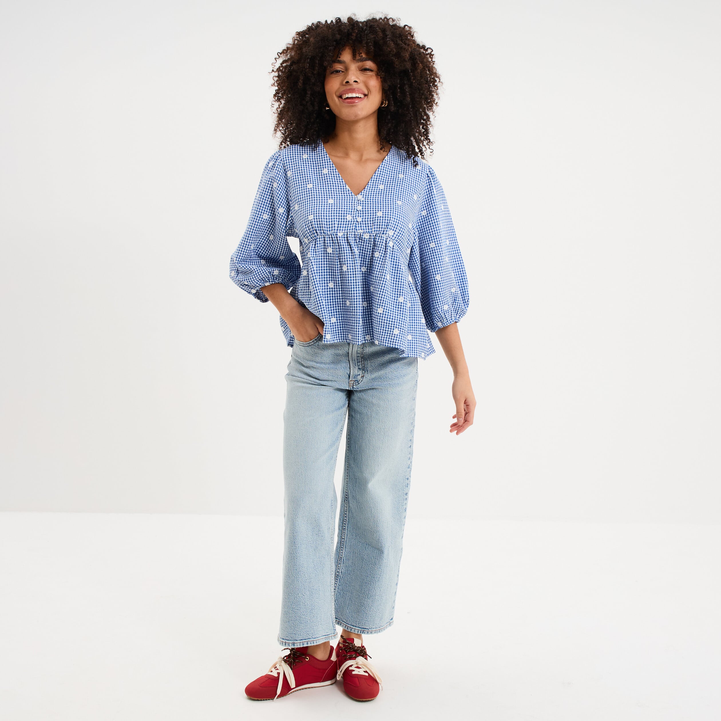 Blouse brod&eacute;e &agrave; basque manches 3/4 bleu marine femme